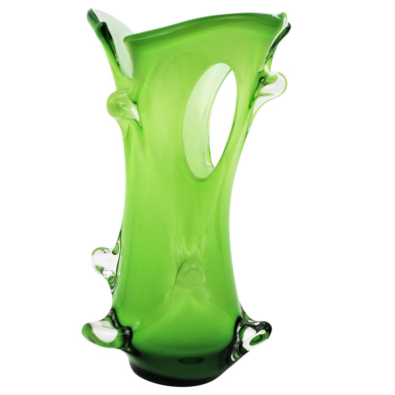 Murano Green Italian Art Glass Forato Vase For Sale
