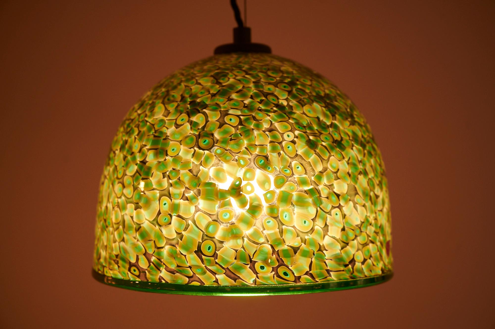 Blown Glass Murano Green Murrine Glass Pendant Light by Gae Aulenti for Vistosi