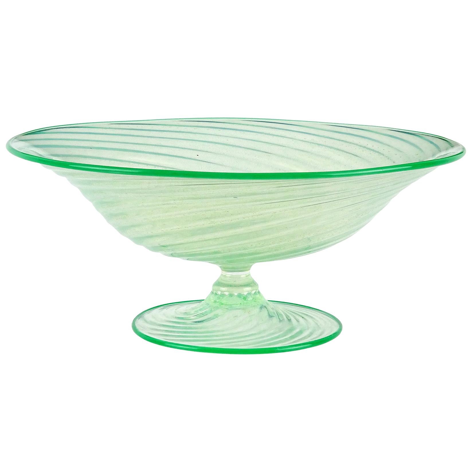 Murano Green Opalescent Gold Flecks Italian Art Glass Footed Compote