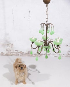 Murano Green Opaline Bobeches, Beads and Drops Chandelier Italy 1930's