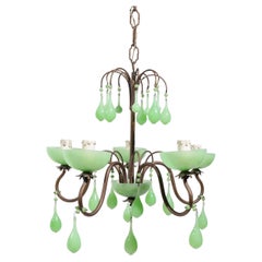 Murano Green Opaline Bobeches, Beads and Drops Chandelier Italy 1930's