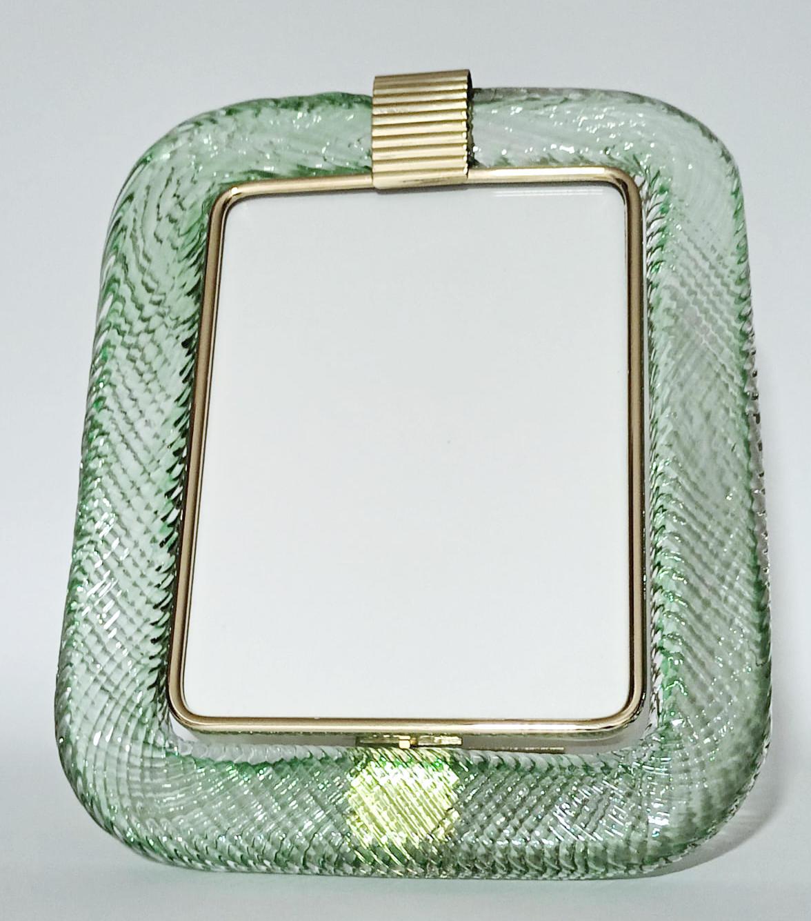 Cadre vintage avec bordure en verre soufflé à la main, transparent et vert, de Murano 