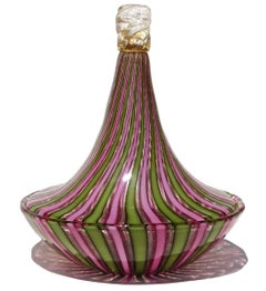 Murano Green Pink Gold Leaf Italian Art Glass Vintage Covered Candy Dish Bowl