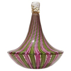 Murano Green Pink Gold Leaf Italian Art Glass Vintage Covered Candy Dish Bowl