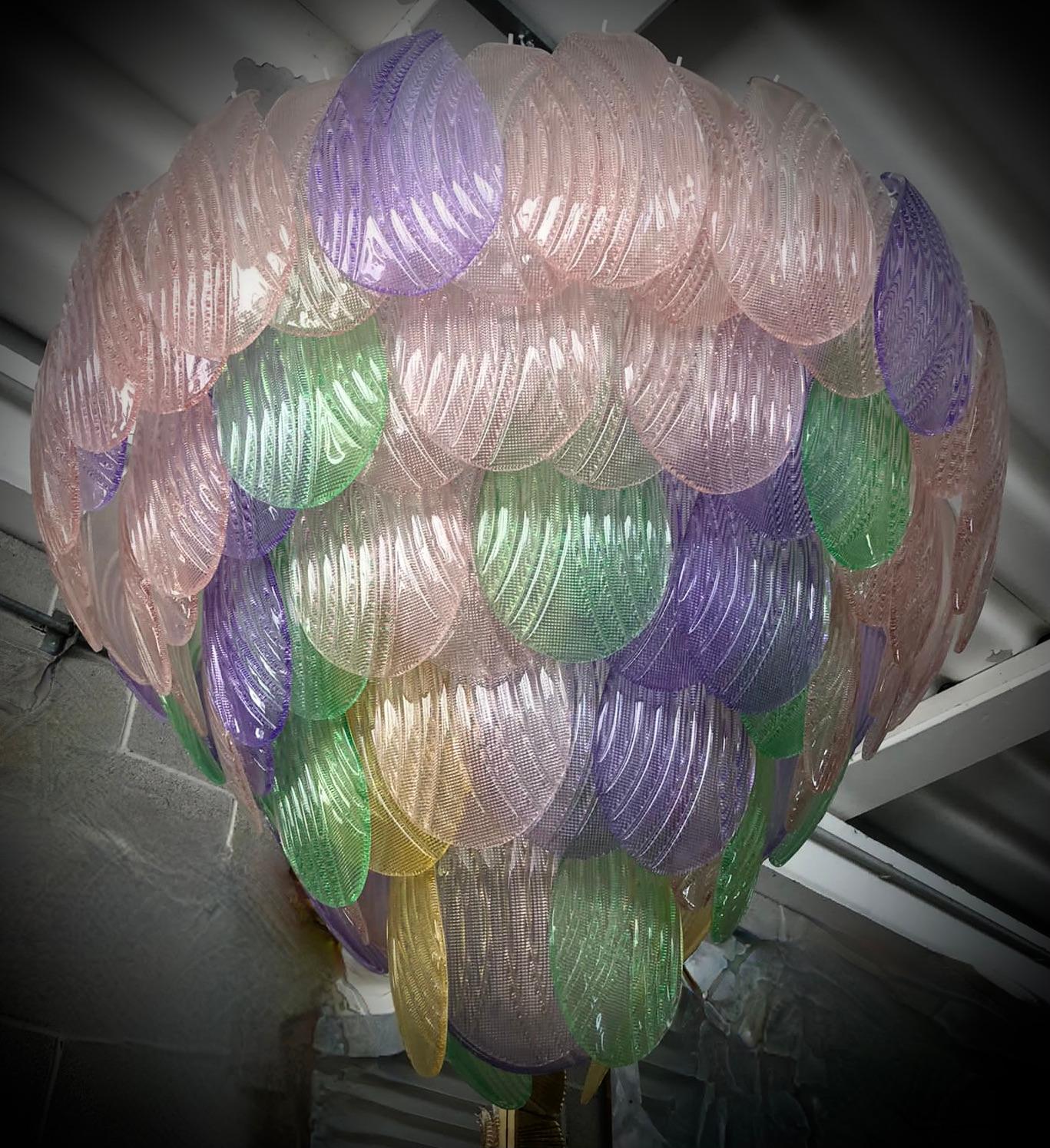 Murano Green Pink Yellow and Violet Art Glass Chandeliers and Pendant, 1990 For Sale 3