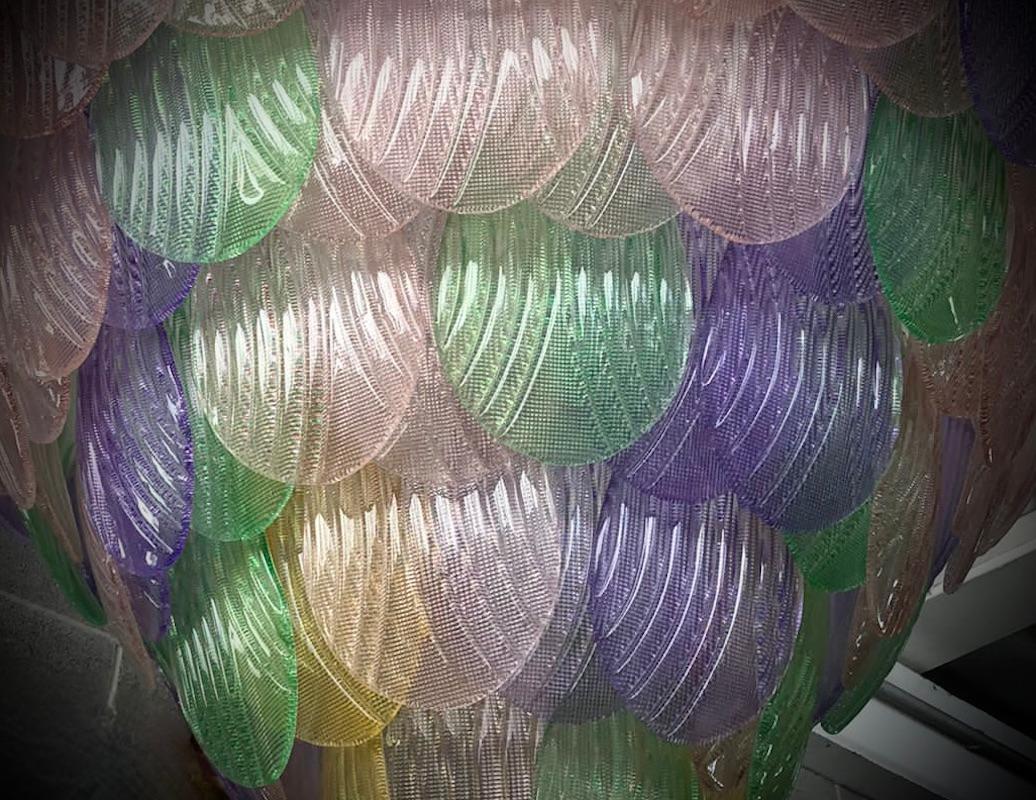 Italian Murano Green Pink Yellow and Violet Art Glass Chandeliers and Pendant, 1990 For Sale