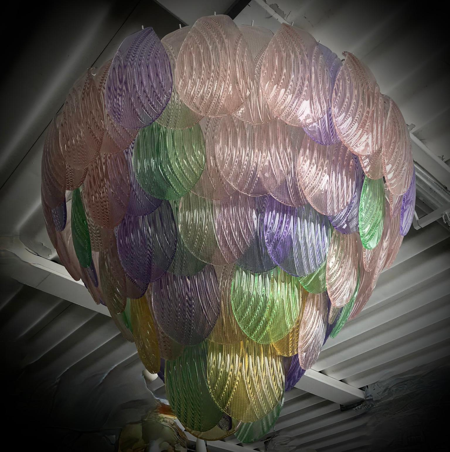 Murano Green Pink Yellow and Violet Art Glass Chandeliers and Pendant, 1990 In Good Condition For Sale In Rome, IT