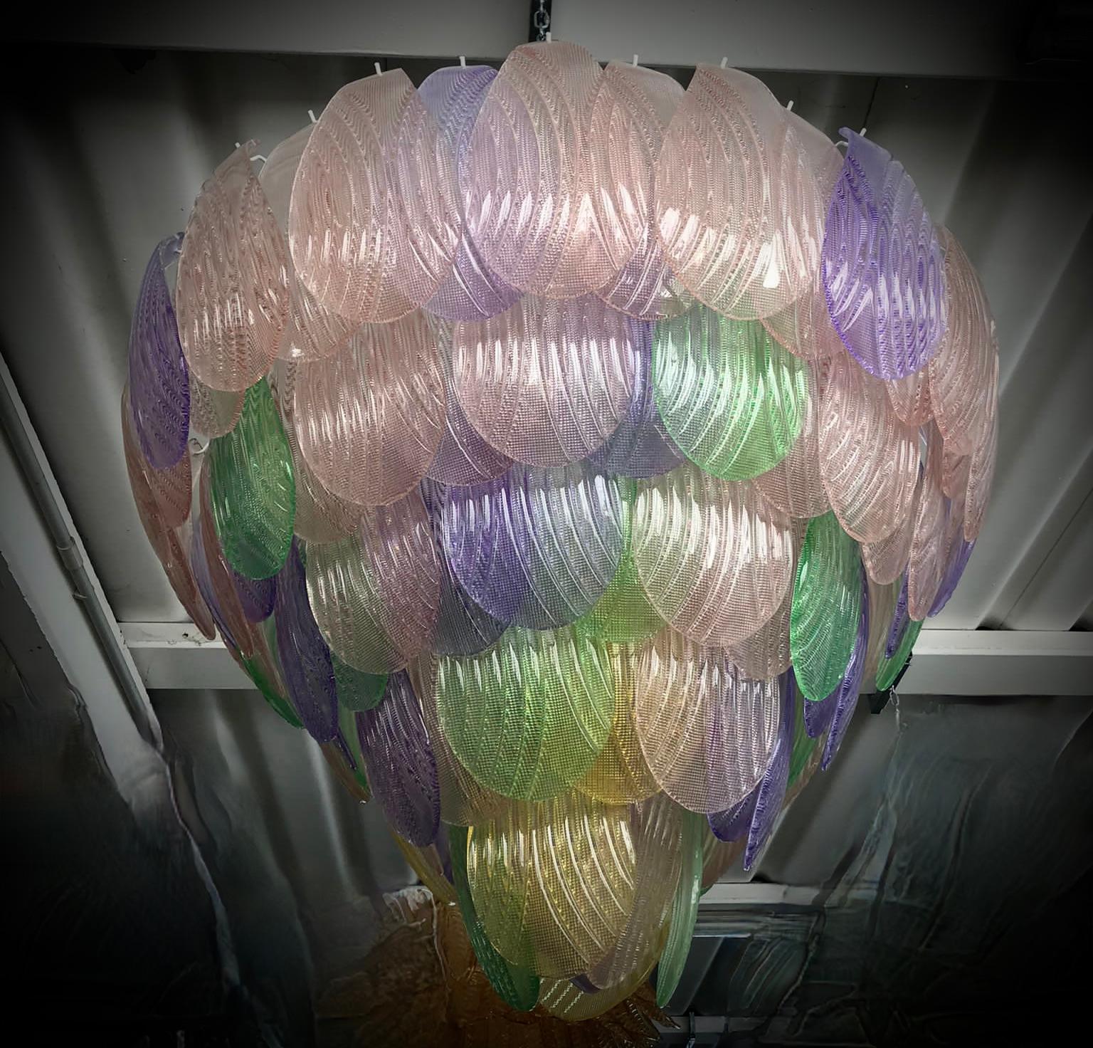 Murano Green Pink Yellow and Violet Art Glass Chandeliers and Pendant, 1990 For Sale 1