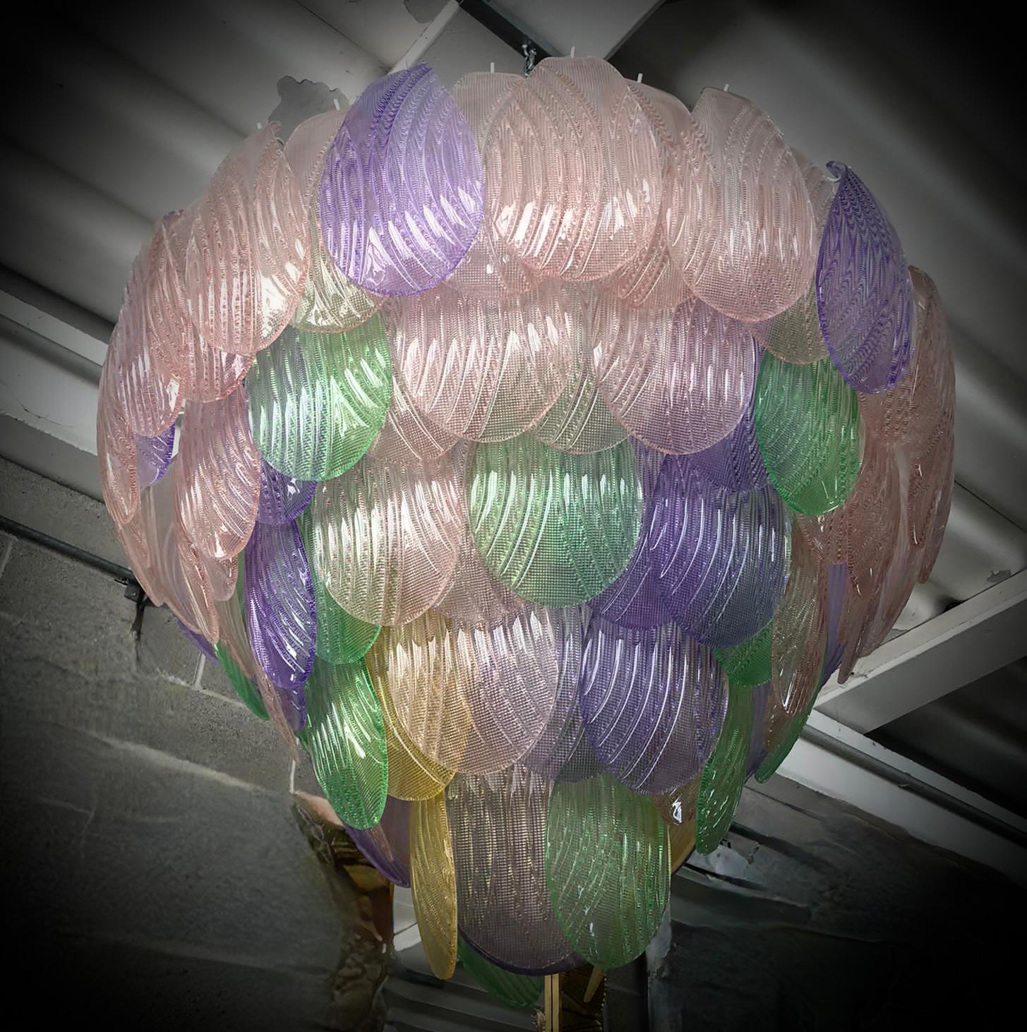 Murano Green Pink Yellow and Violet Art Glass Chandeliers and Pendant, 1990 For Sale 2