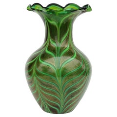Murano Green Pulled Feather Gold Flecks Italian Art Glass Ruffle Rim Flower Vase
