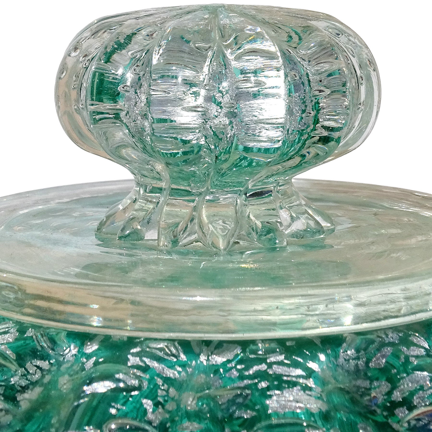 Mid-Century Modern Murano Green Silver Flecks Bubbles Italian Art Glass Vanity Powder Jewelry Box For Sale