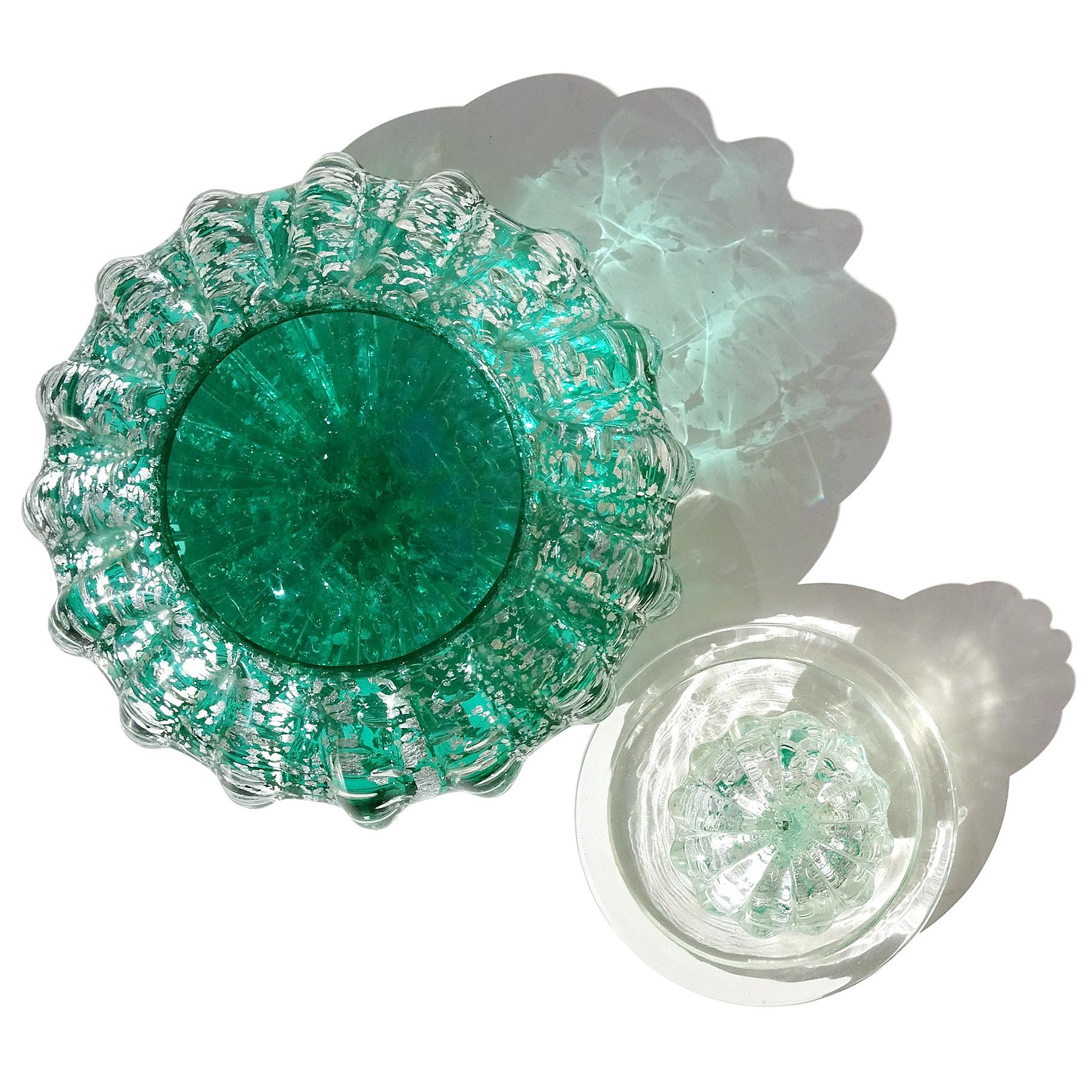 Hand-Crafted Murano Green Silver Flecks Bubbles Italian Art Glass Vanity Powder Jewelry Box For Sale