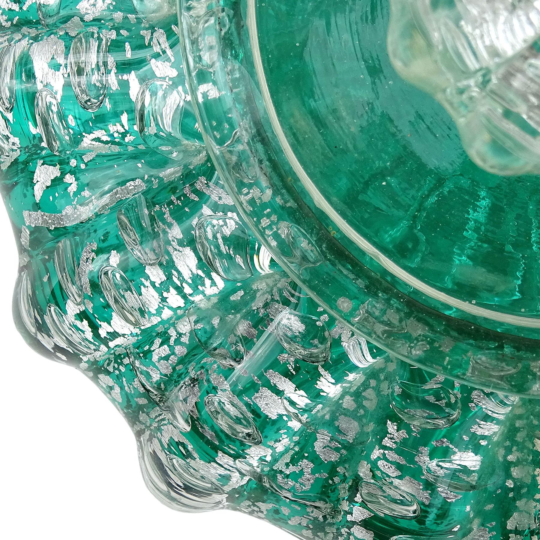 Murano Green Silver Flecks Bubbles Italian Art Glass Vanity Powder Jewelry Box In Good Condition For Sale In Kissimmee, FL