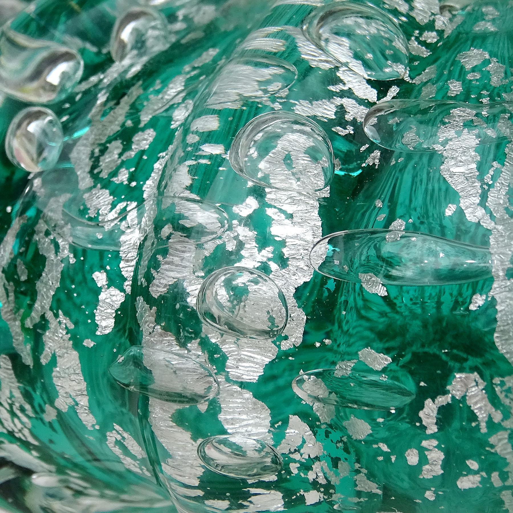 Silver Leaf Murano Green Silver Flecks Bubbles Italian Art Glass Vanity Powder Jewelry Box For Sale