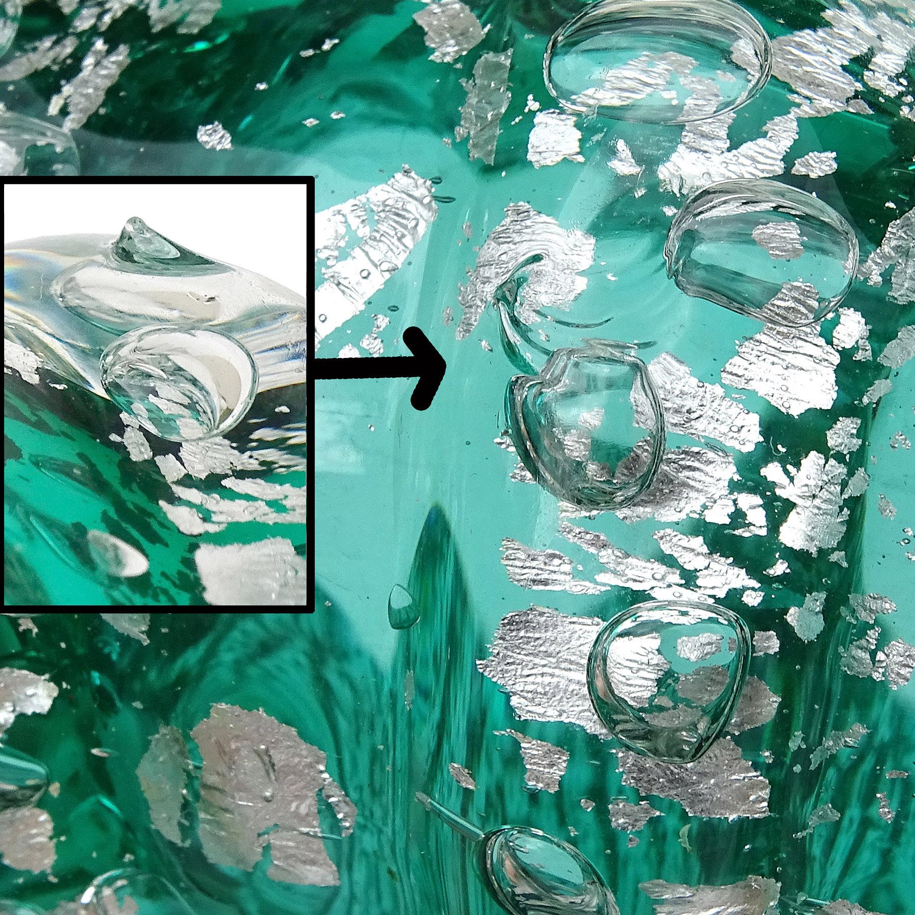 Feuille d'argent Murano Green Silver Flecks Bubbles Italian Art Glass Vanity Powder Jewelry Box en vente