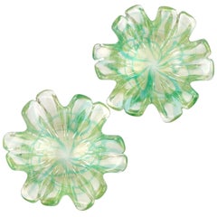 Murano Green Spatter Swirl Gold Flecks Italian Art Glass Flower Shape Bowls