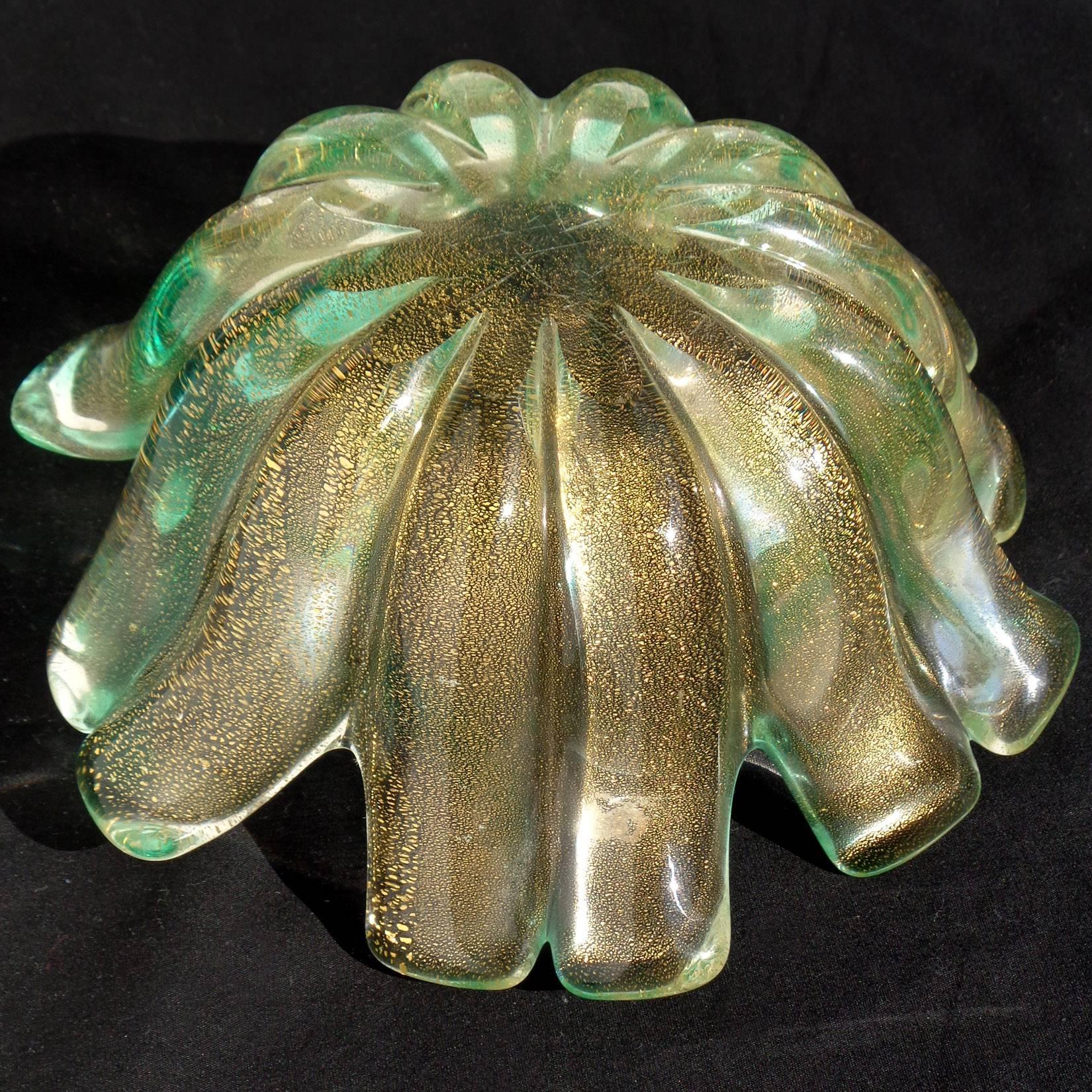 Hand-Crafted Murano Green Spatter Swirl Gold Flecks Italian Art Glass Flower Shape Bowls For Sale
