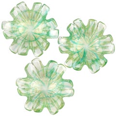 Murano Green Spatter Swirl Gold Flecks Italian Art Glass Flower Shape Bowls