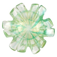 Murano Green Spatter Swirl Gold Flecks Italian Art Glass Flower Shape Bowls
