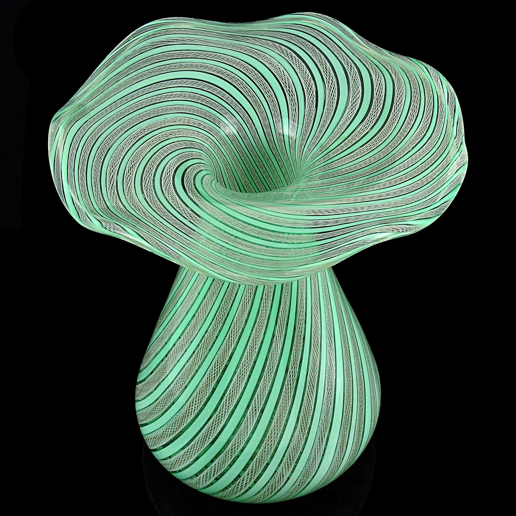 Hand-Crafted Murano Green White Aventurine Ribbons Italian Art Glass Flared Rim Flower Vase For Sale