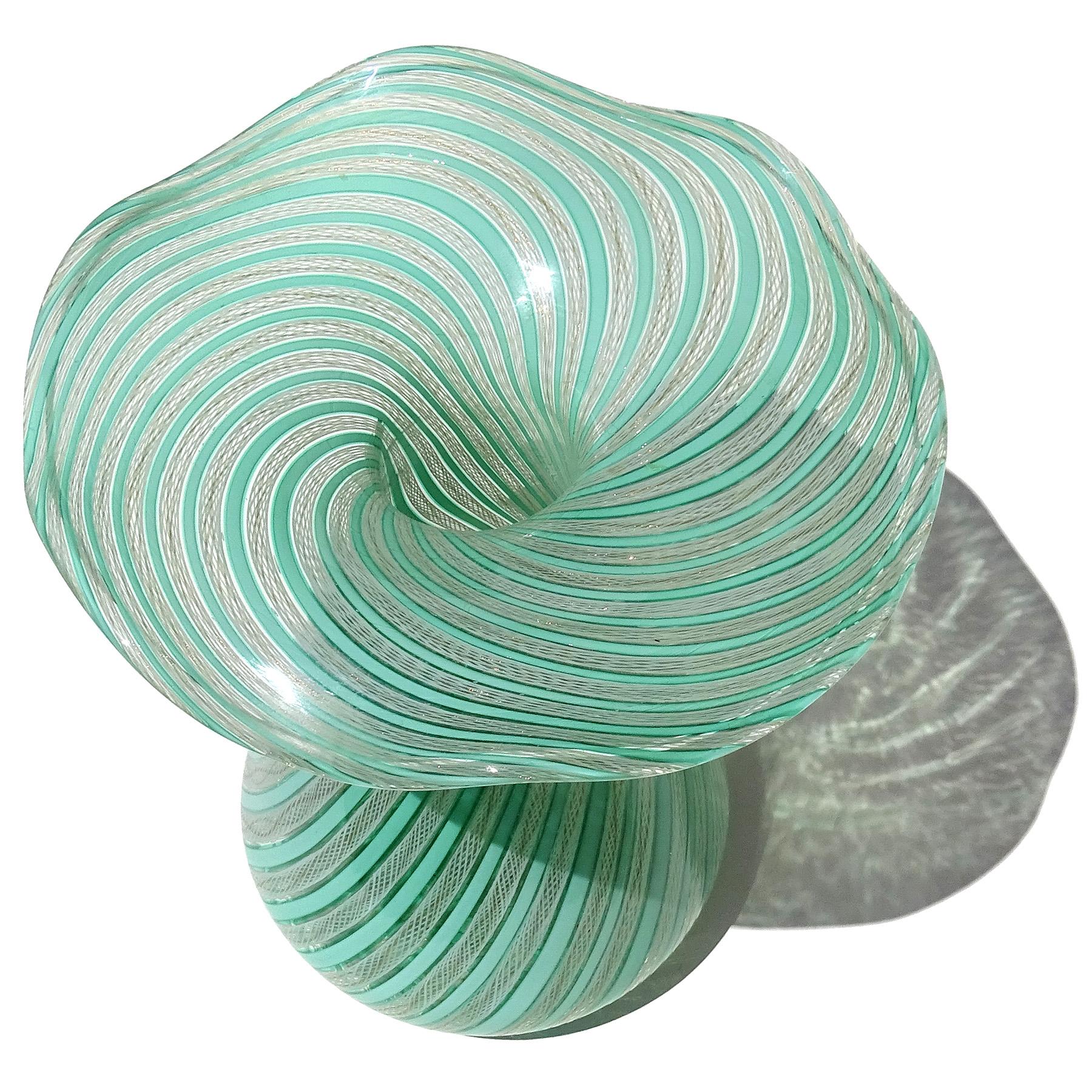 20th Century Murano Green White Aventurine Ribbons Italian Art Glass Flared Rim Flower Vase For Sale