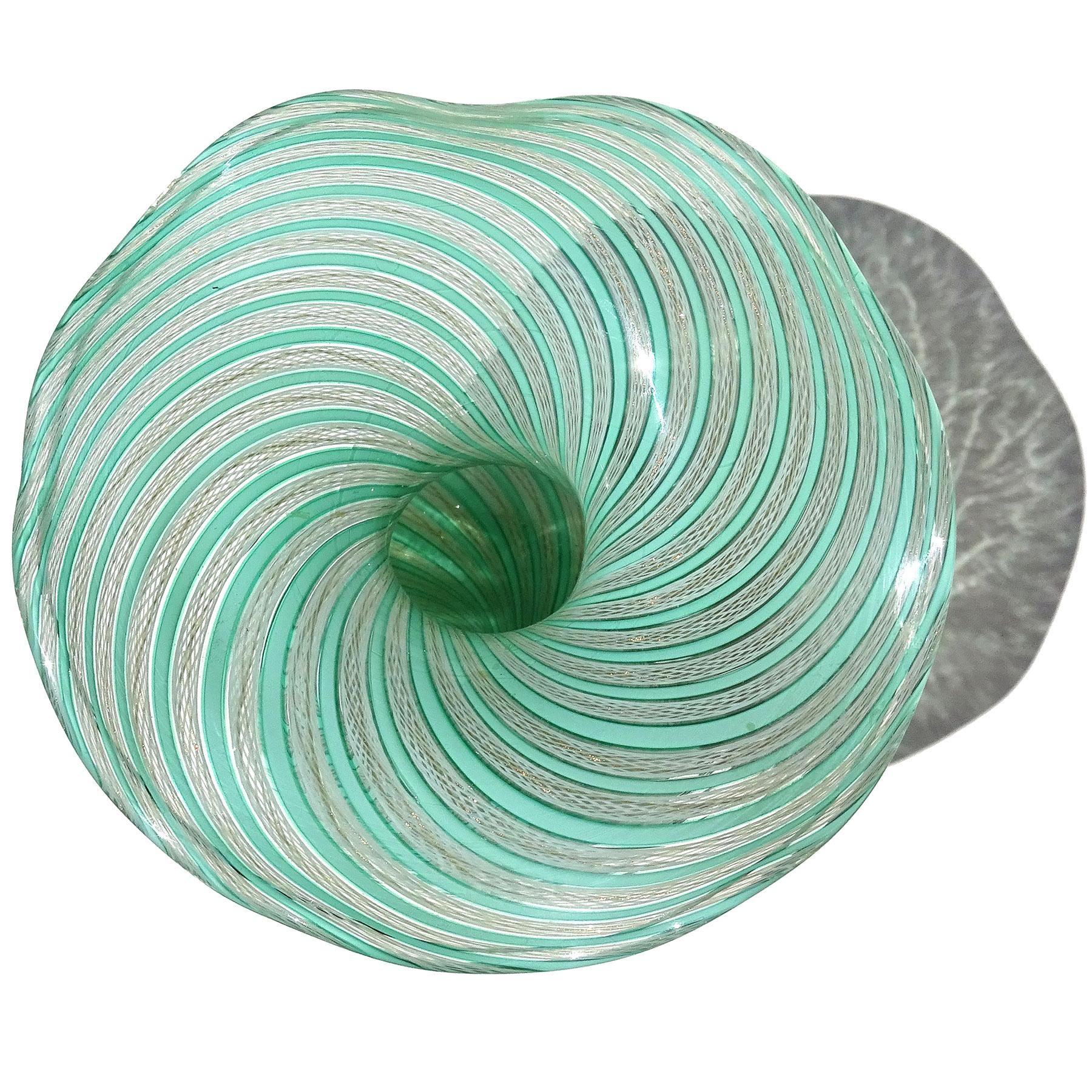 Murano Green White Aventurine Ribbons Italian Art Glass Flared Rim Flower Vase For Sale 1