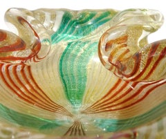 Murano Green White Orange Mosaic Gold Flecks Italian Art Glass Seashell Bowl