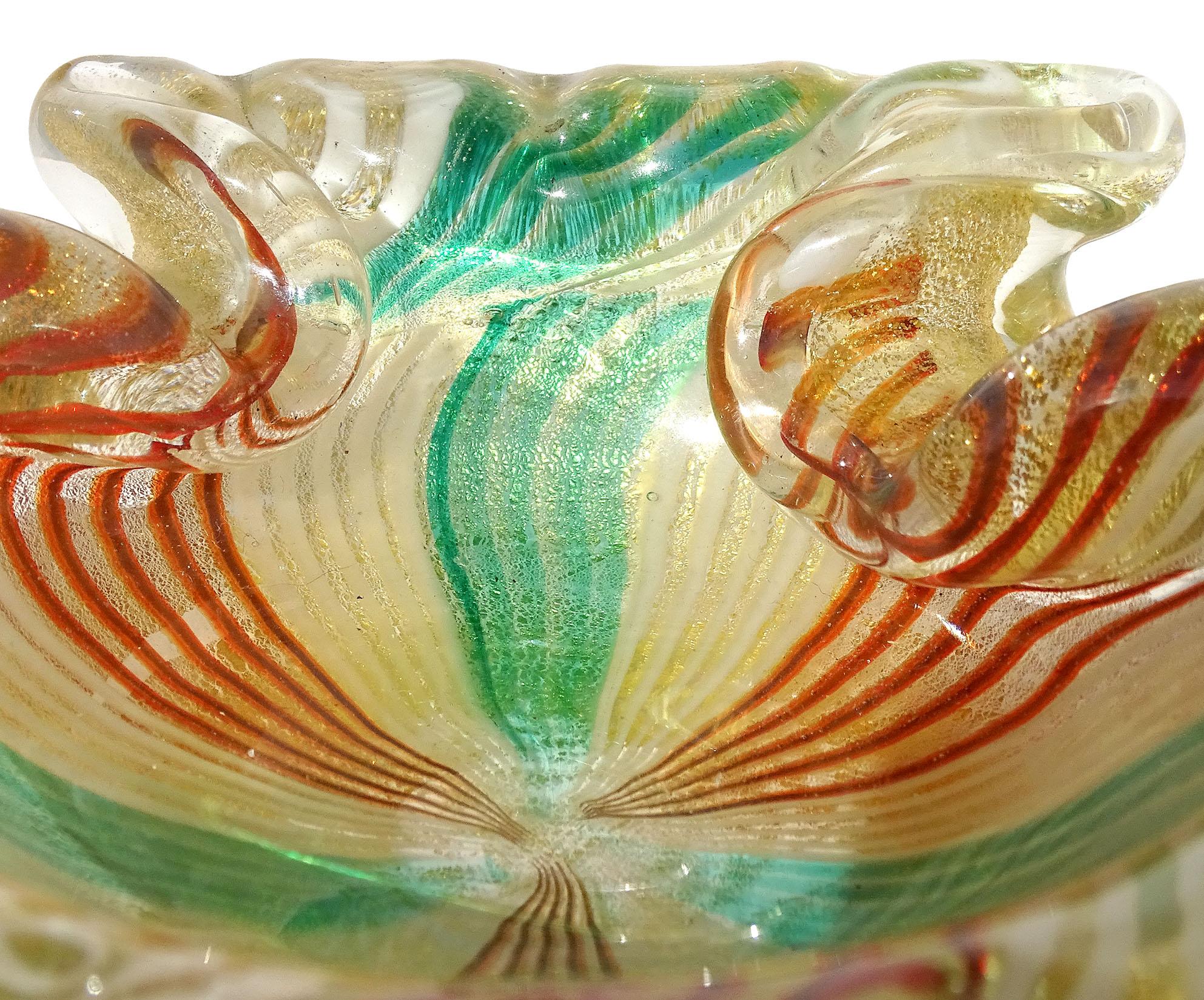 Art Deco Murano Green White Orange Mosaic Gold Flecks Italian Art Glass Seashell Bowl For Sale