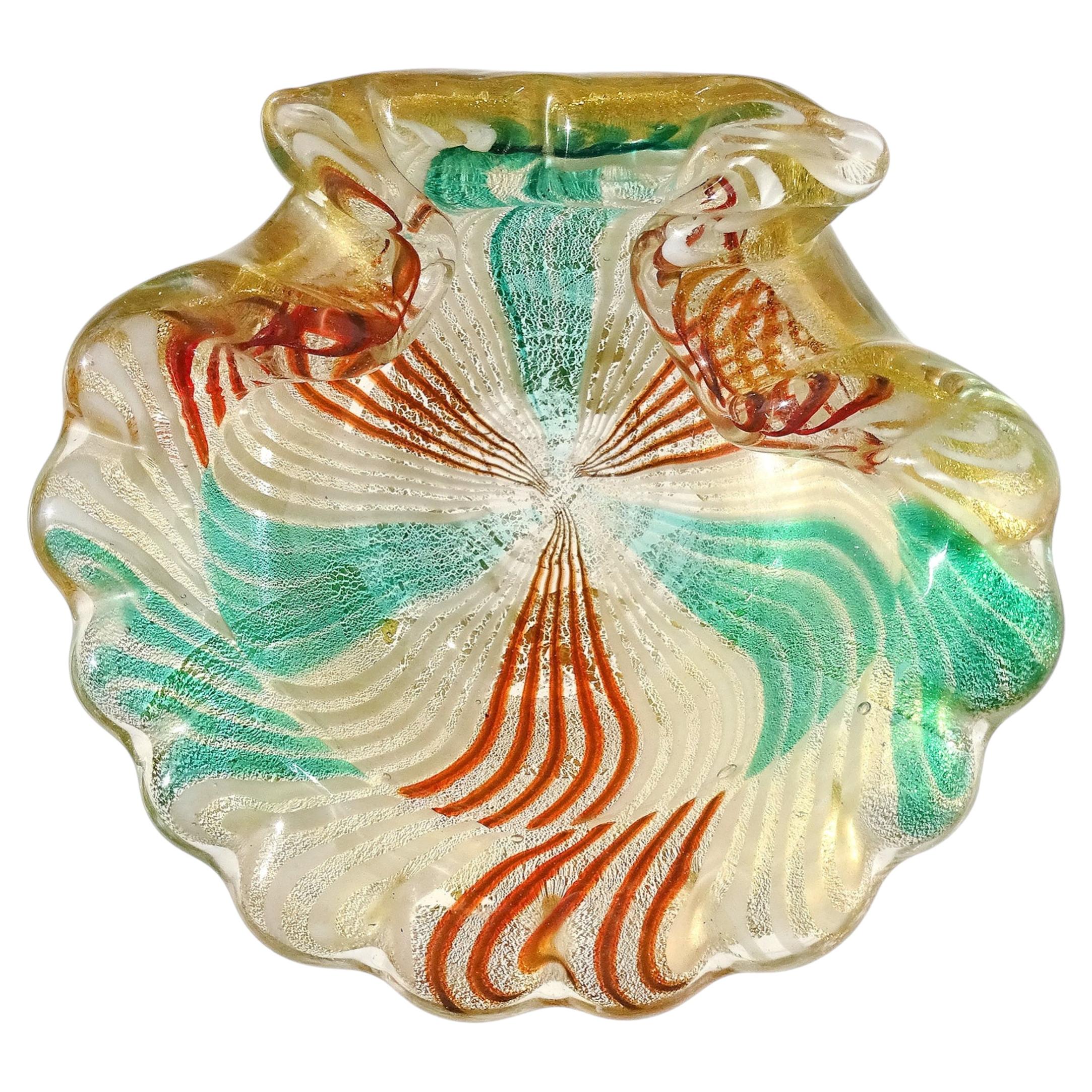 Murano Green White Orange Mosaic Gold Flecks Italian Art Glass Seashell Bowl For Sale