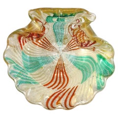 Murano Green White Orange Mosaic Gold Flecks Italian Art Glass Seashell Bowl