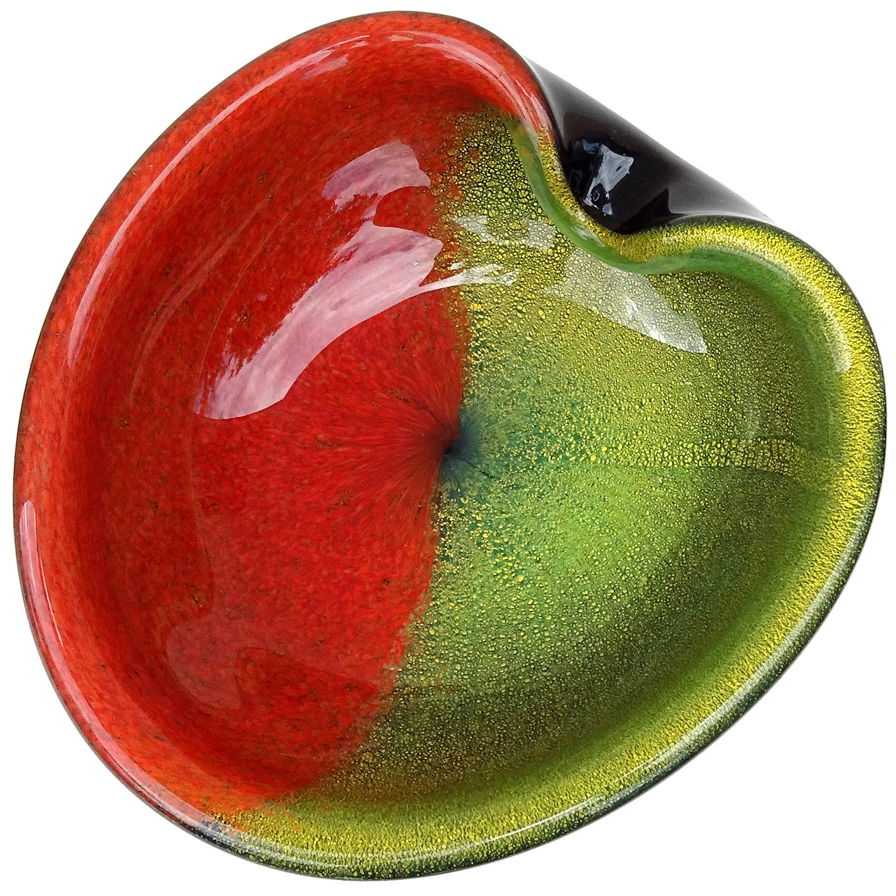 Cuenco decorativo en forma de corazón de cristal artístico italiano de Murano medio rojo verde moteado de oro en venta