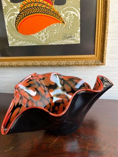 Murano Hand Blown Art Glass Clam Shaped Black Orange Bowl