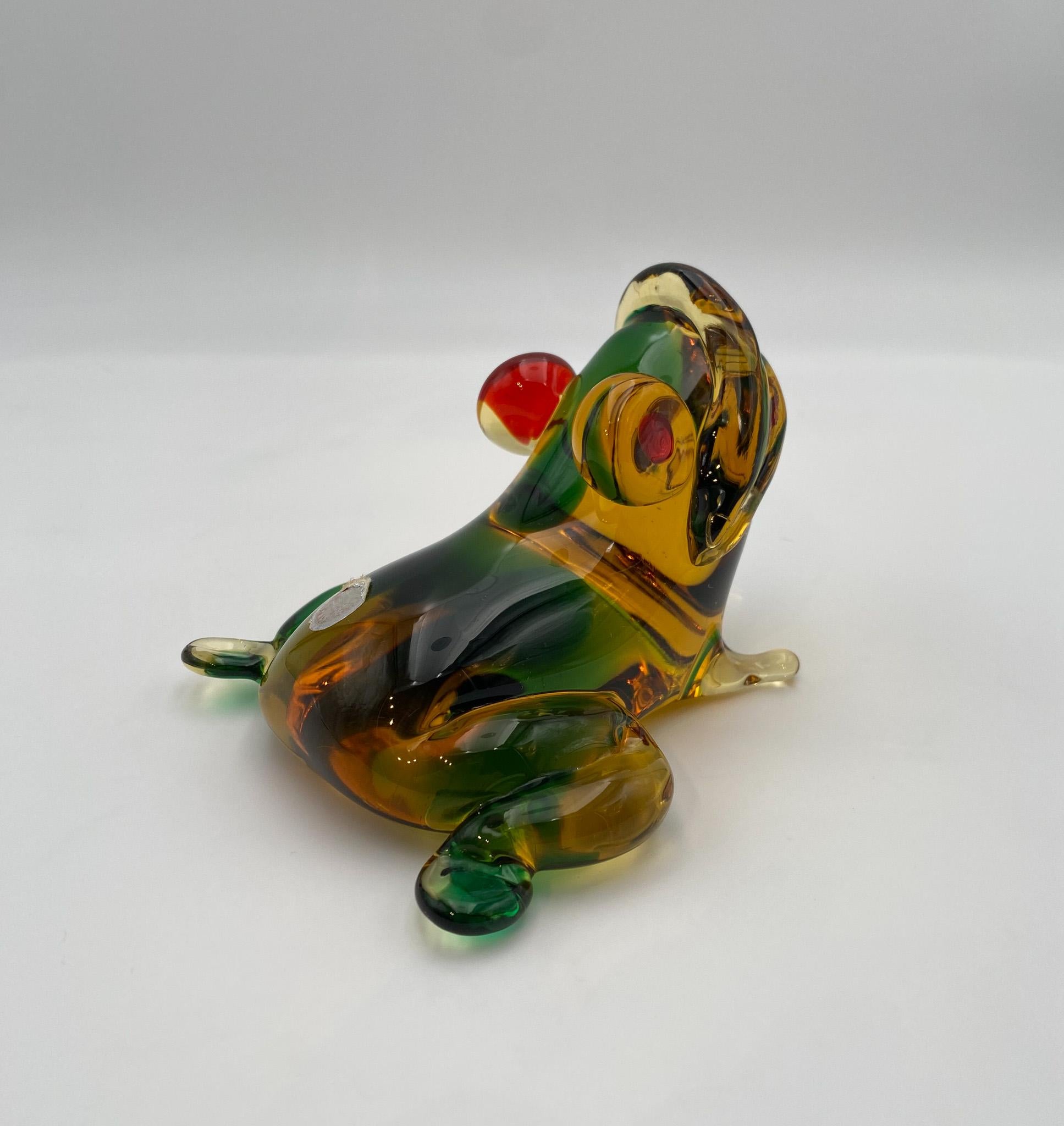 Murano Hand Blown Art Glass Frog Sculpture, Italy, 1950's.  Retains the original silver Murano label.  

