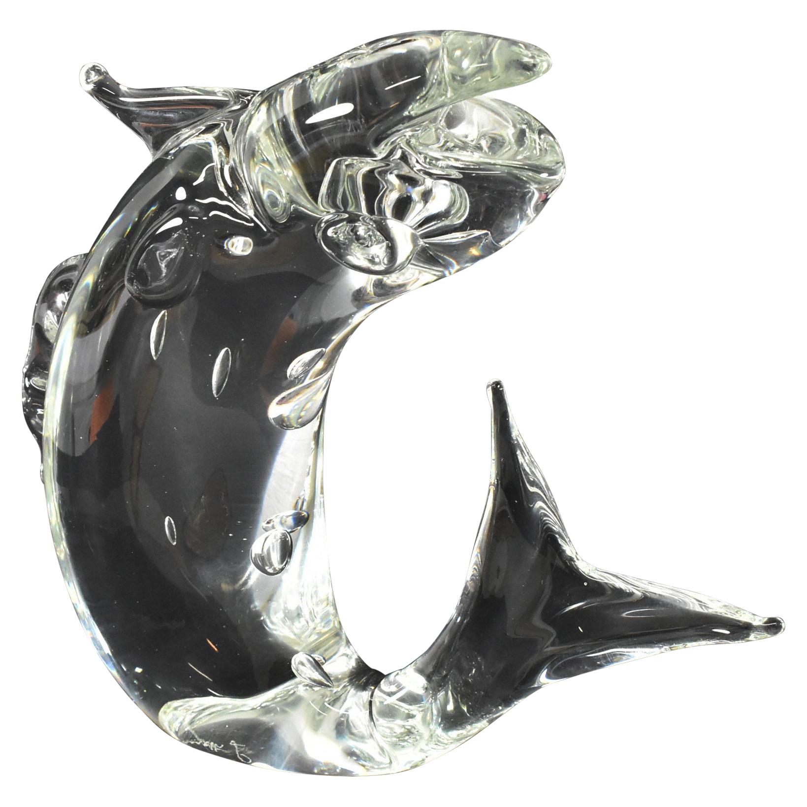 Hand blown Murano art glass trout fish sculpture. Colorless glass with controlled air bubbles. Ground polished pontil signed in script Lucio Zanetti. Light wear to bottom. No chips. Dimensions: 2.5