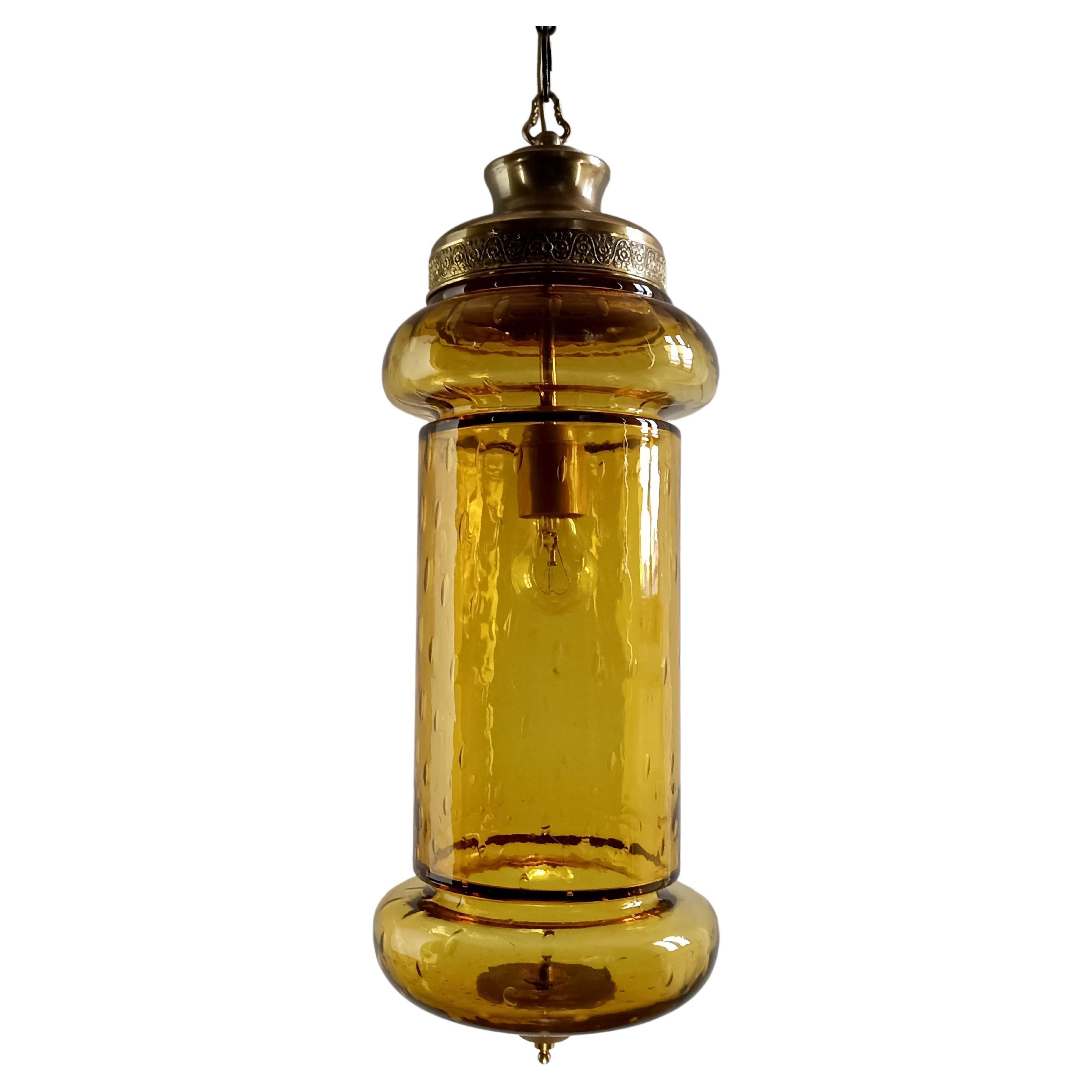 Murano hand-blown Bulicante glass lantern with brass frame. Italy, late 1950s.