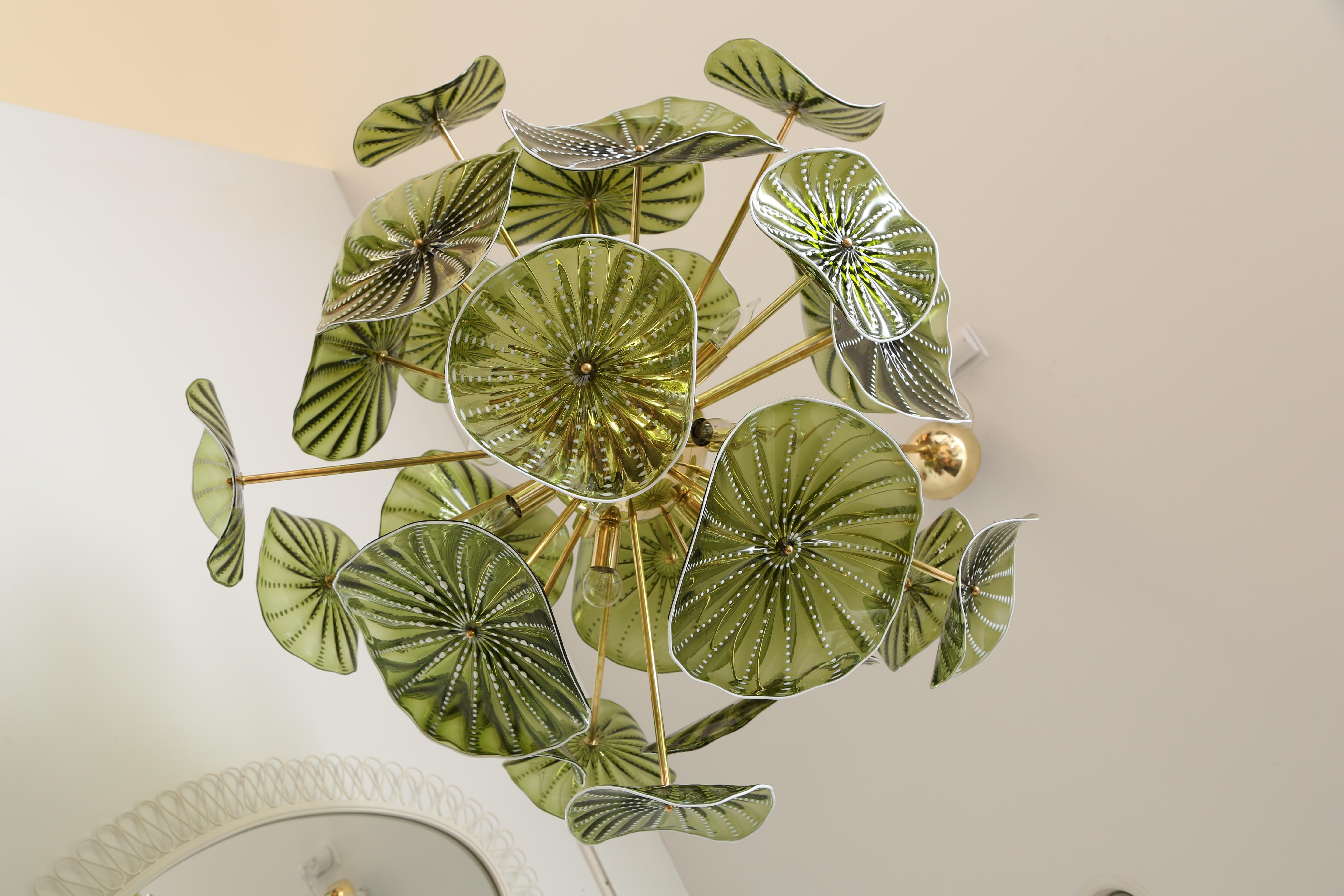 Contemporary Murano Hand Blown Chartreuse Green Glass Chandelier, in Stock