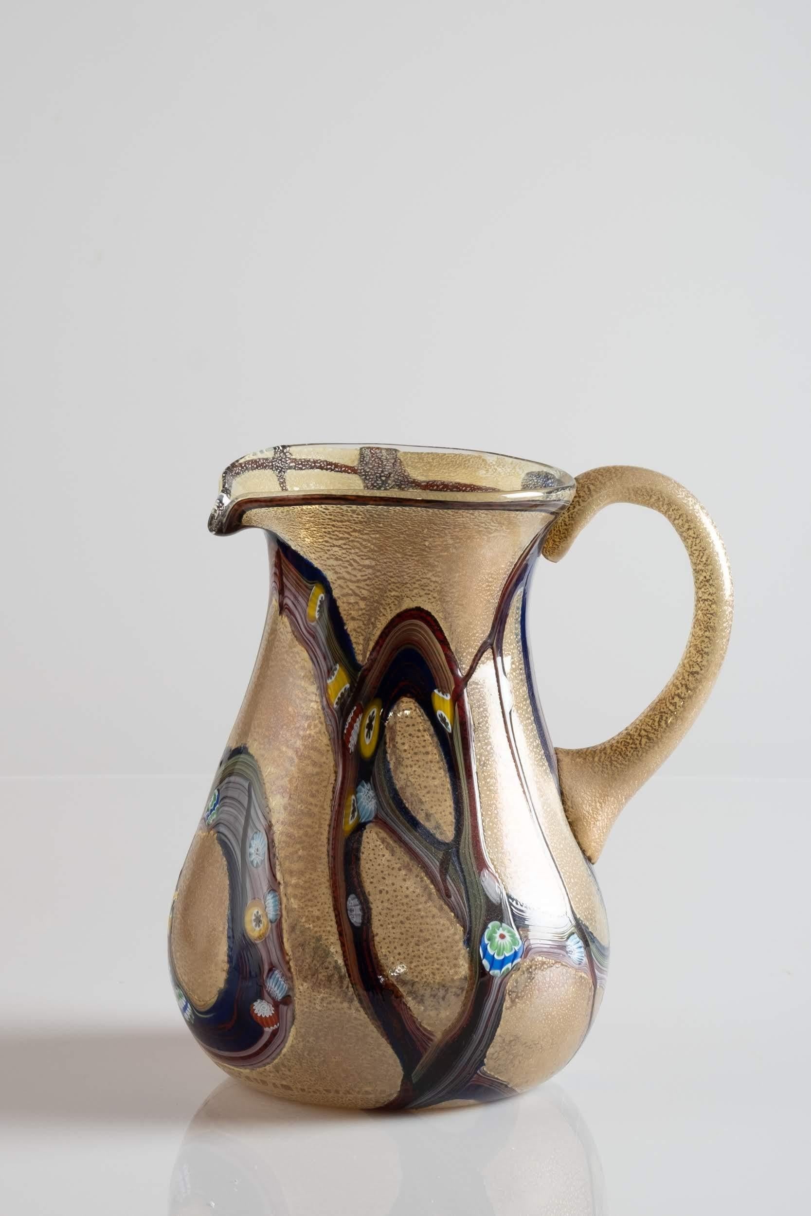 Italian Murano Hand Blown Glass Colorful Pitcher, Italy, circa 1970 For Sale
