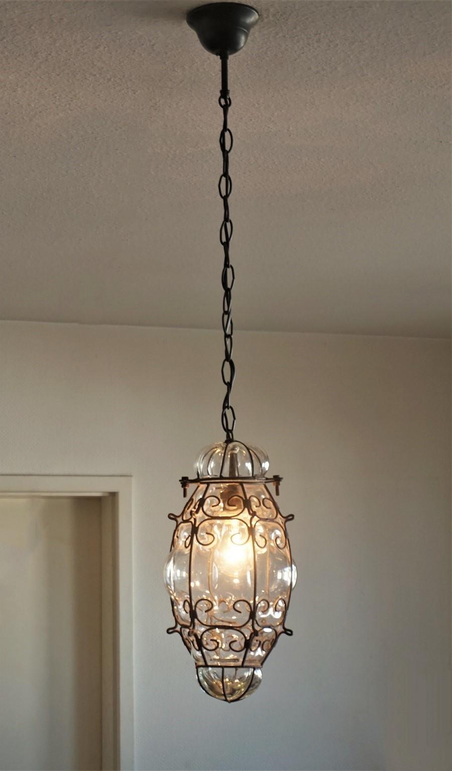 Murano Hand Blown Glass in Wrought Iron Frame Pendant or Lantern, Venice, Italy In Good Condition In Frankfurt am Main, DE