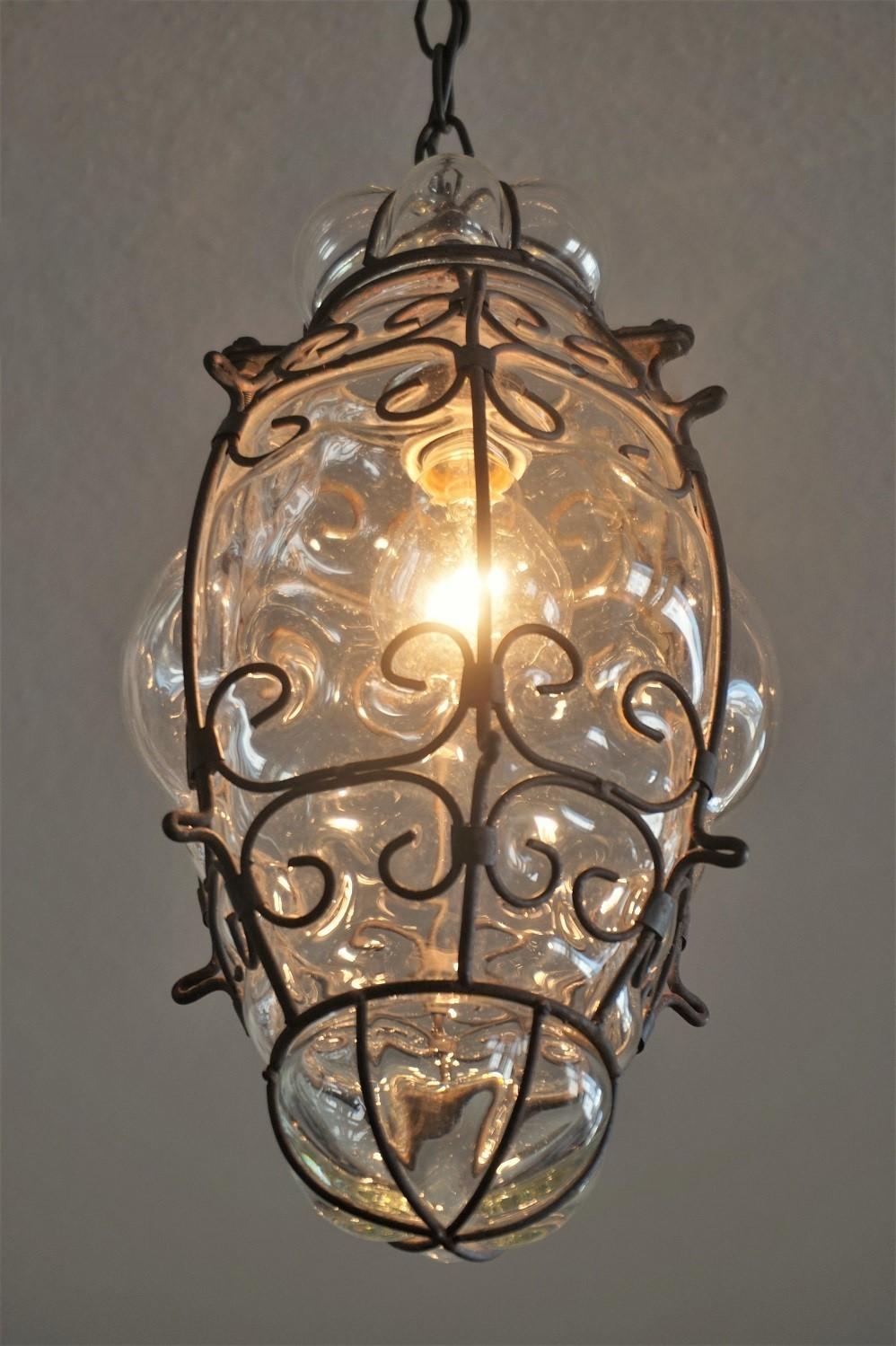 Mid-20th Century Murano Hand Blown Glass in Wrought Iron Frame Pendant or Lantern, Venice, Italy