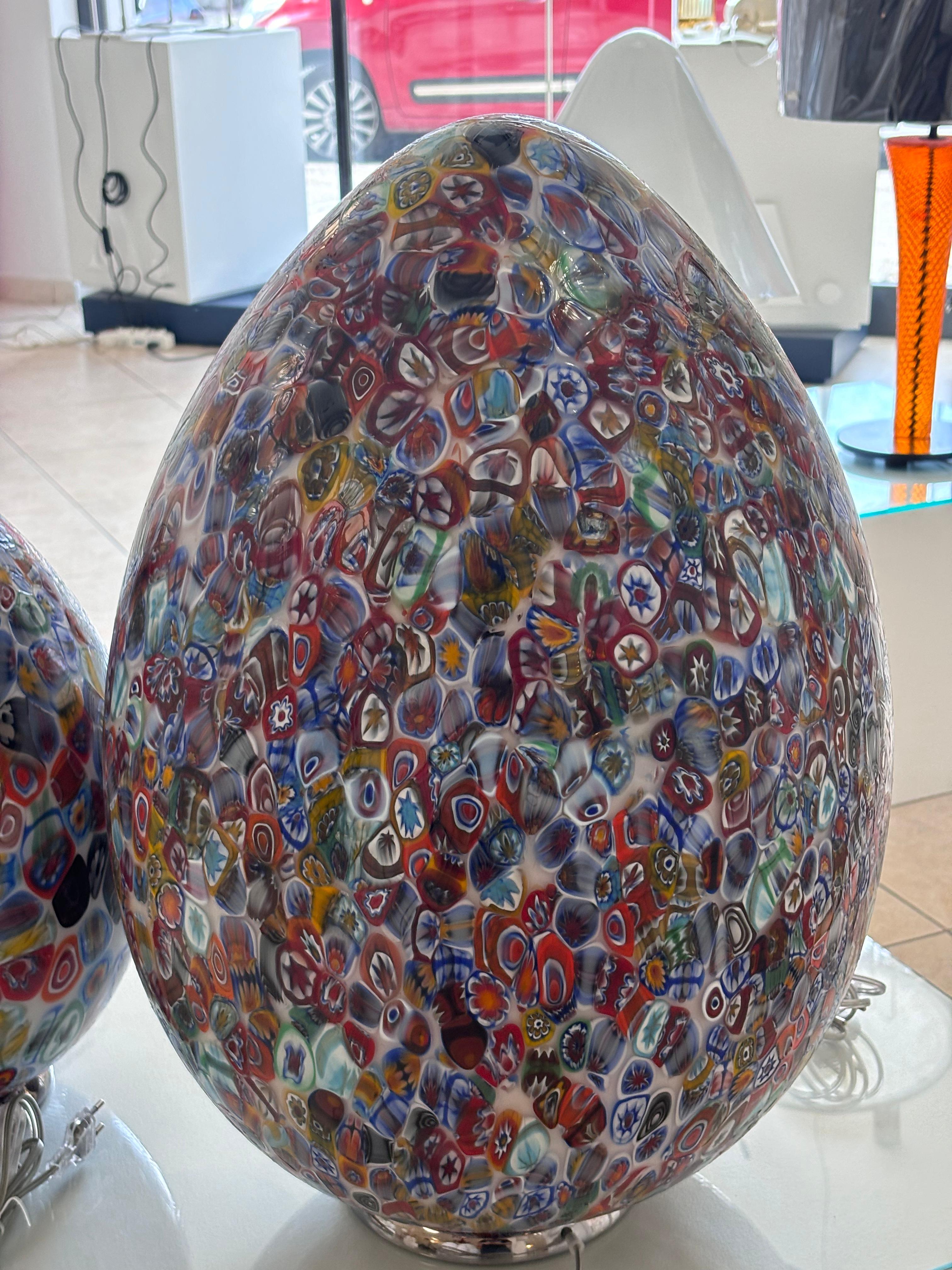 Murano Hand Blown Glass Murrina Large Table Lamp, Egg Shape Millefiori

Murano Glass frame, item in good conservative condition, no structural defects to report. (see photo)

height 60 cm 
diameter 37 cm