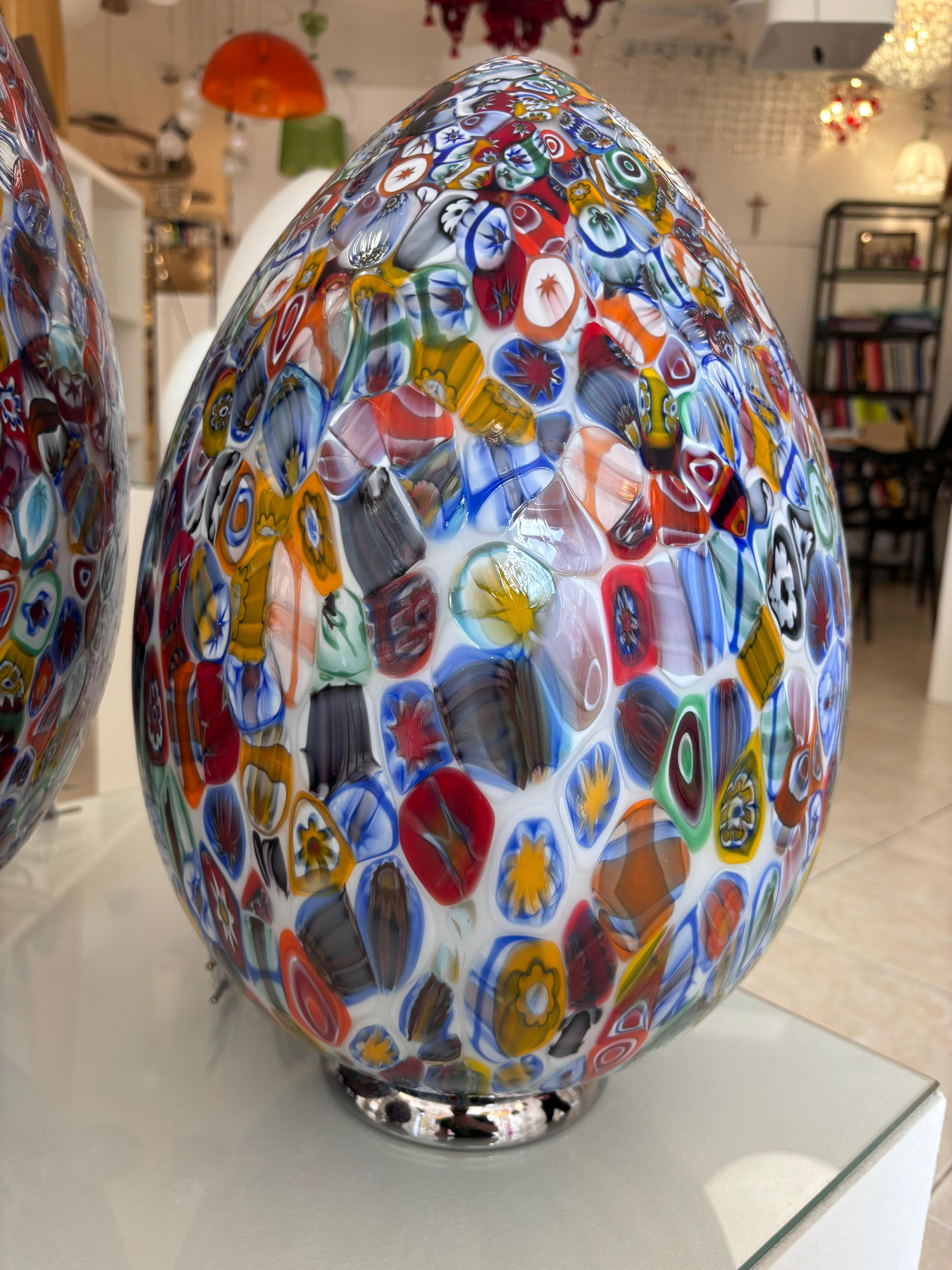 Italian Murano Hand Blown Glass Murrina Medium Table Lamp, Egg Shape Millefiori