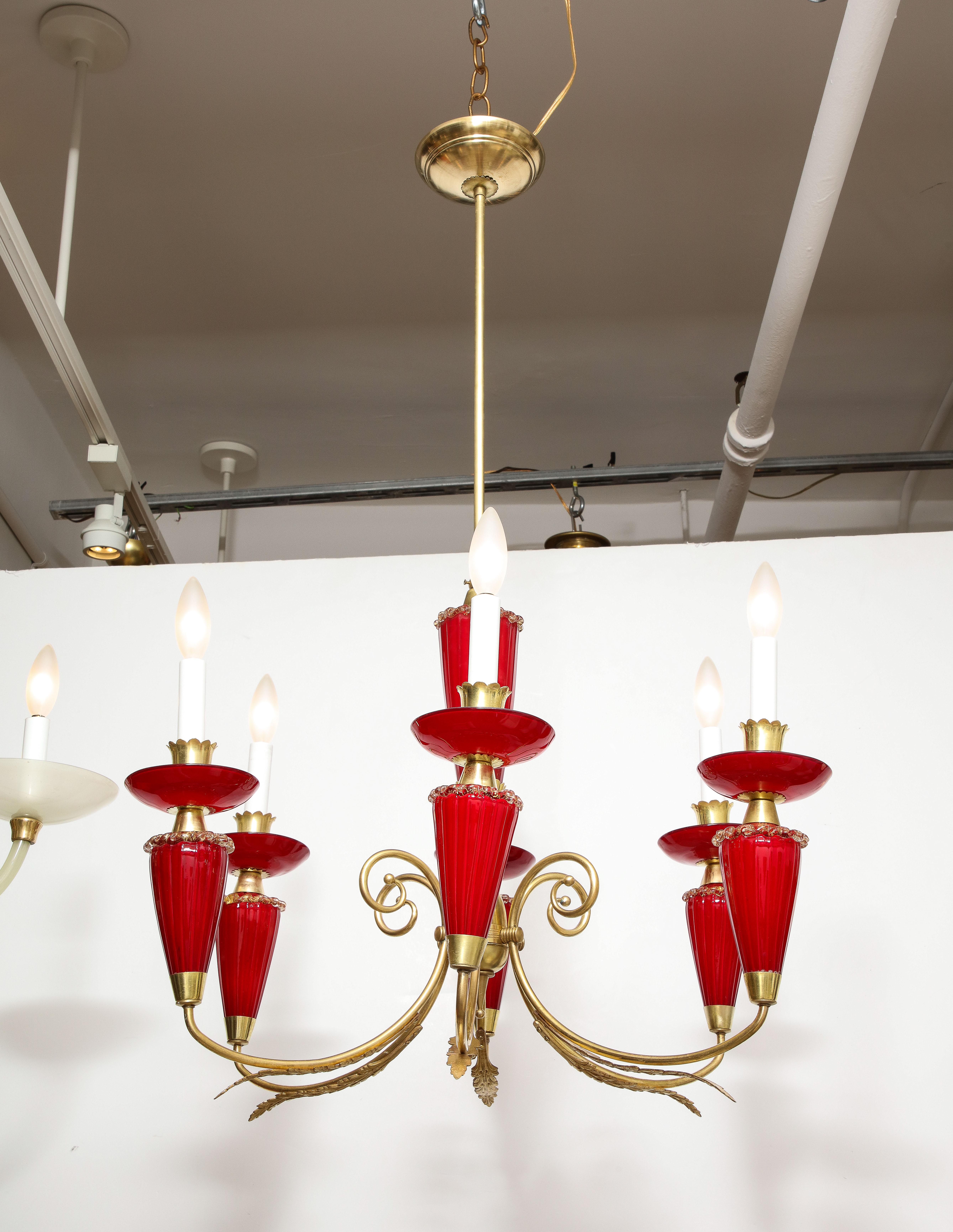 Murano Hand-Blown Italian Brass and Glass Chandelier, Italy, circa 1950 For Sale 5