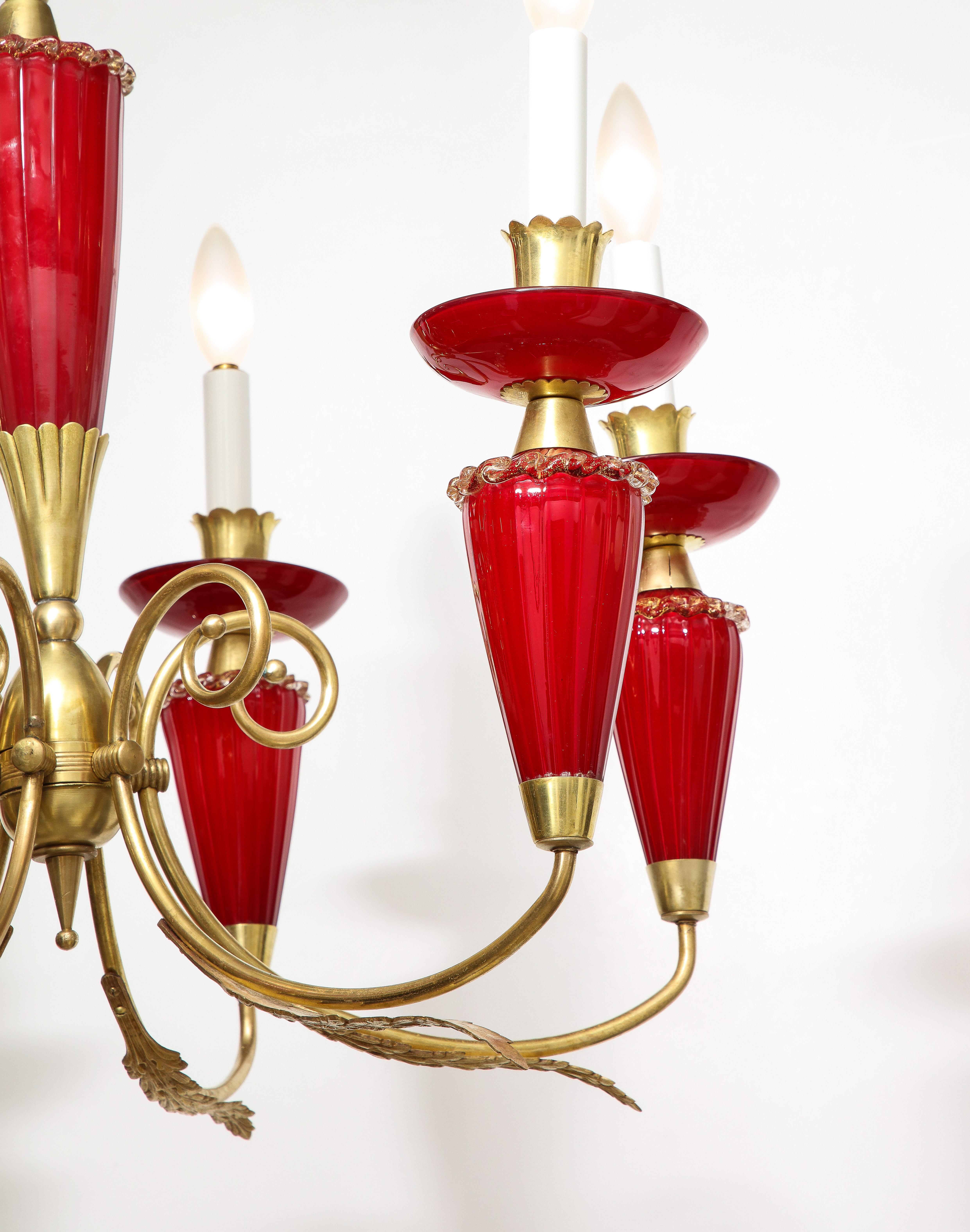 Murano Hand-Blown Italian Brass and Glass Chandelier, Italy, circa 1950 For Sale 6