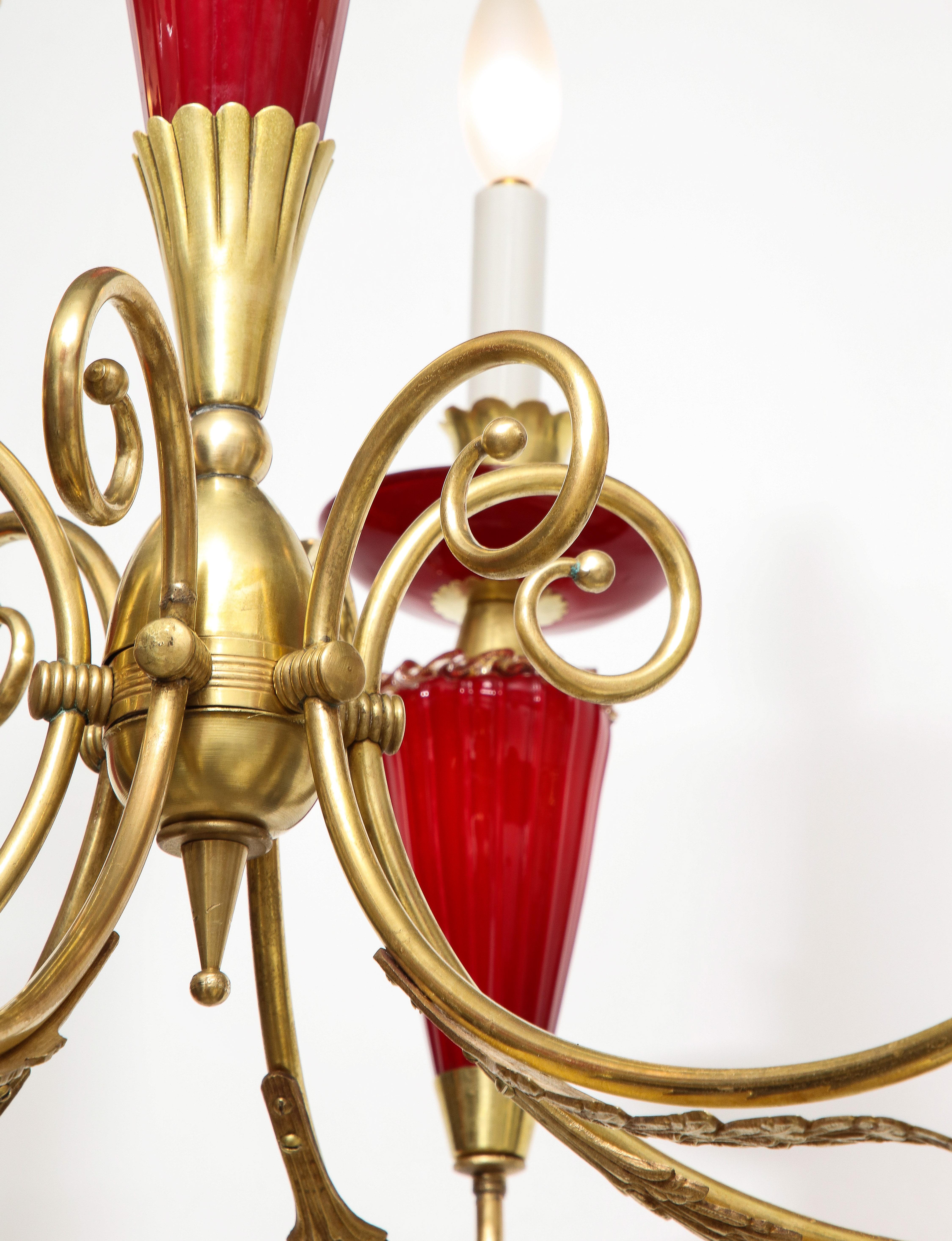 Murano Hand-Blown Italian Brass and Glass Chandelier, Italy, circa 1950 For Sale 7