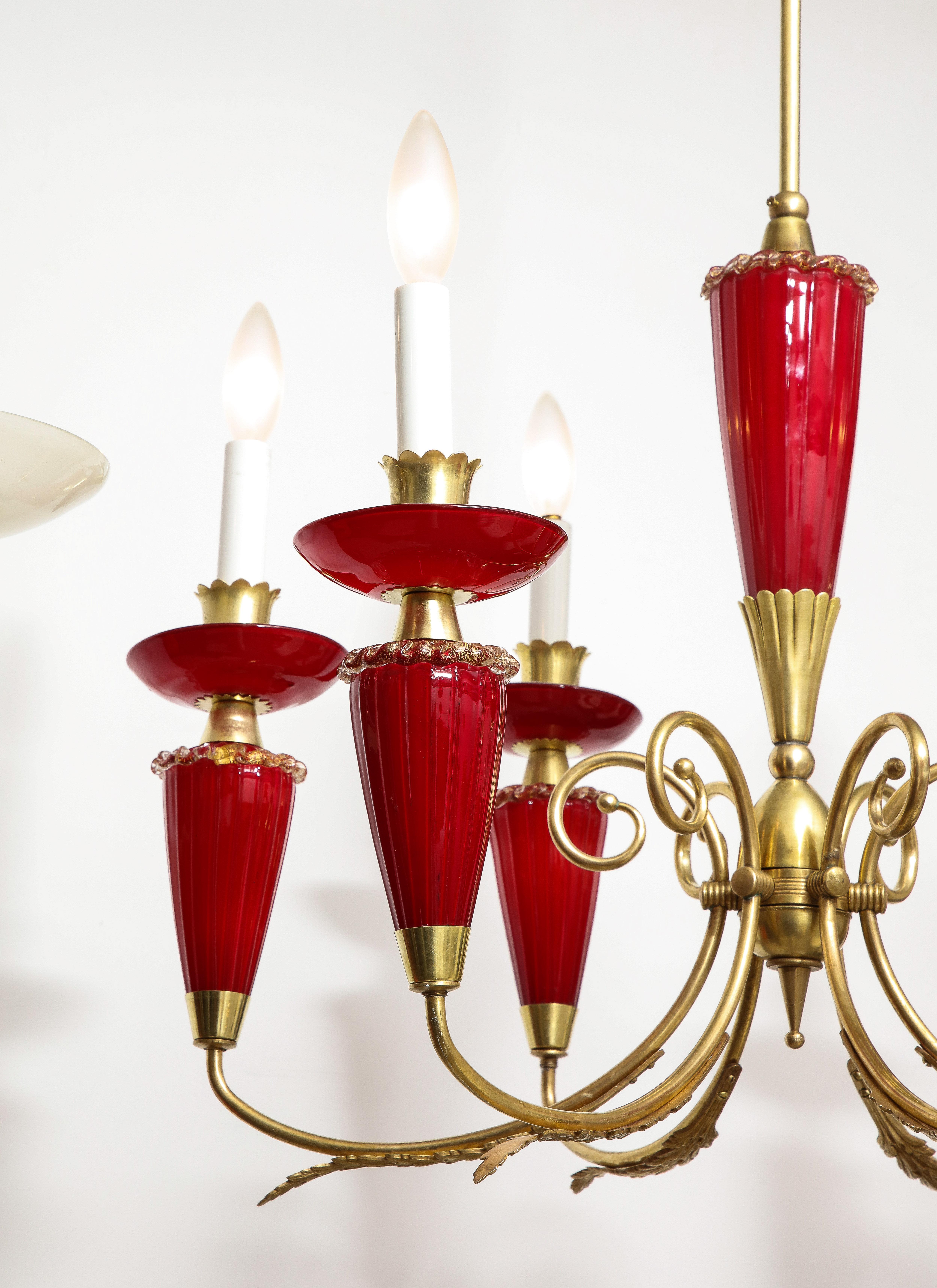 Mid-Century Modern Murano Hand-Blown Italian Brass and Glass Chandelier, Italy, circa 1950 For Sale