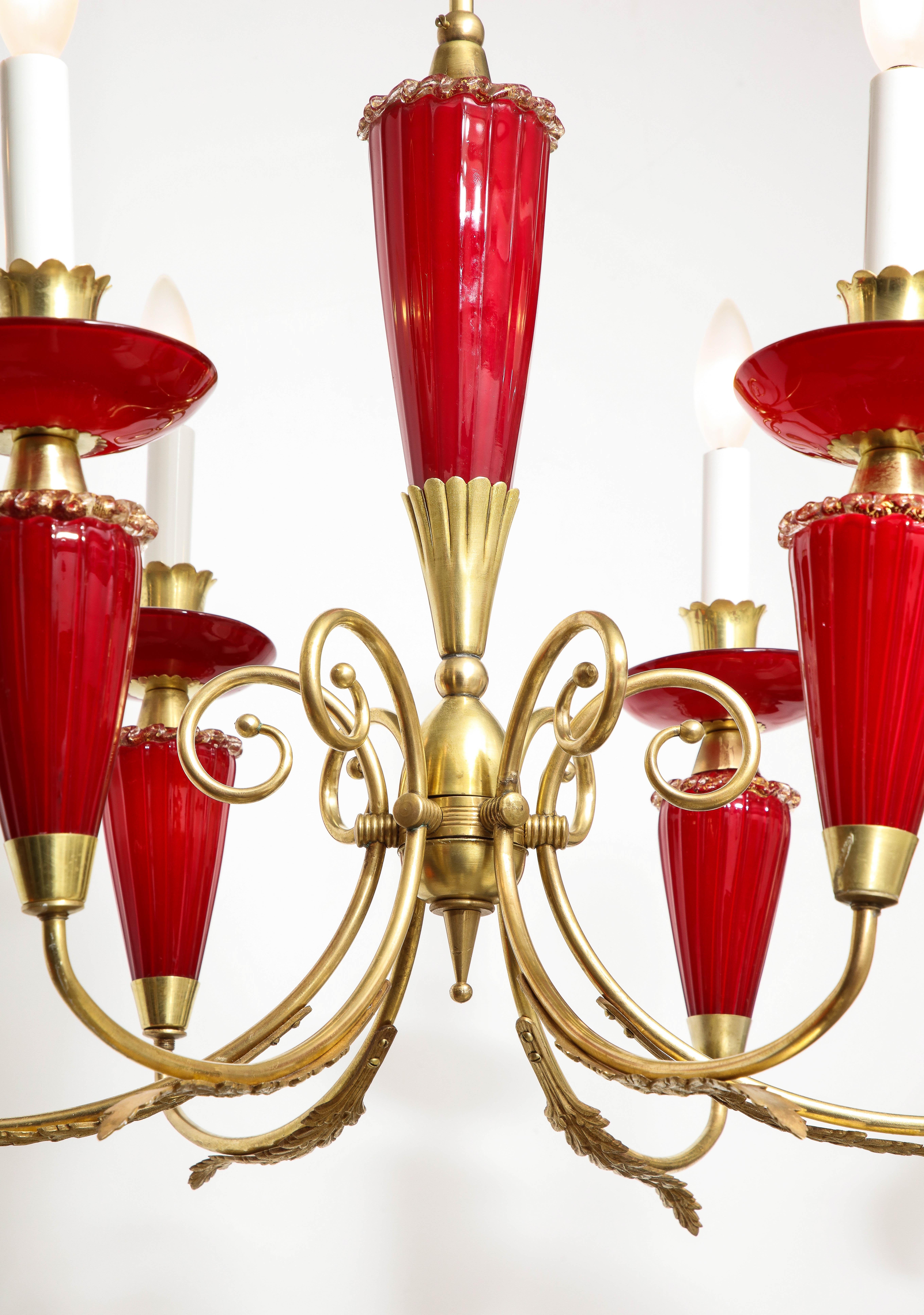 Murano Hand-Blown Italian Brass and Glass Chandelier, Italy, circa 1950 In Good Condition For Sale In New York, NY