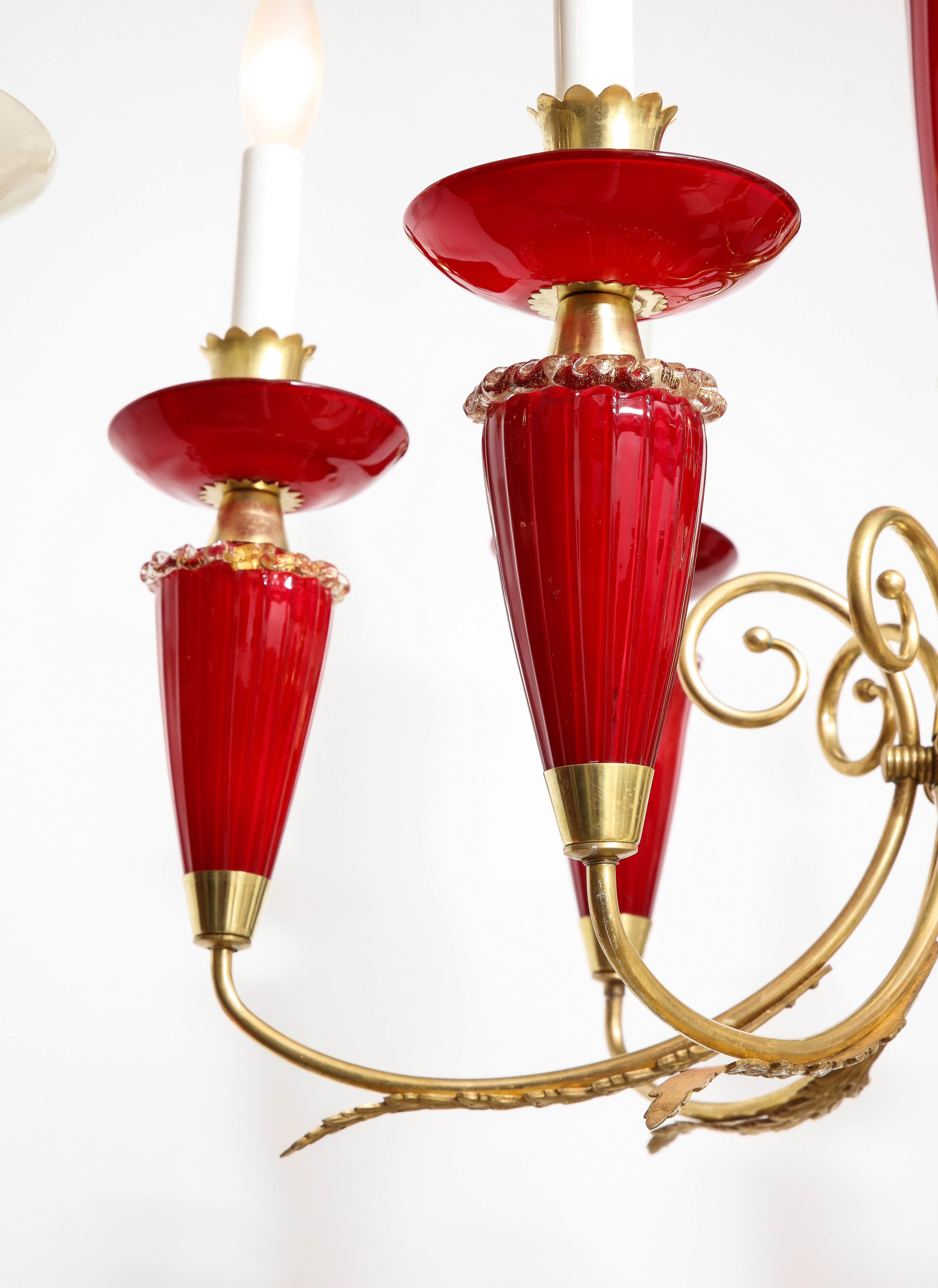 Murano Hand-Blown Italian Brass and Glass Chandelier, Italy, circa 1950 For Sale 2