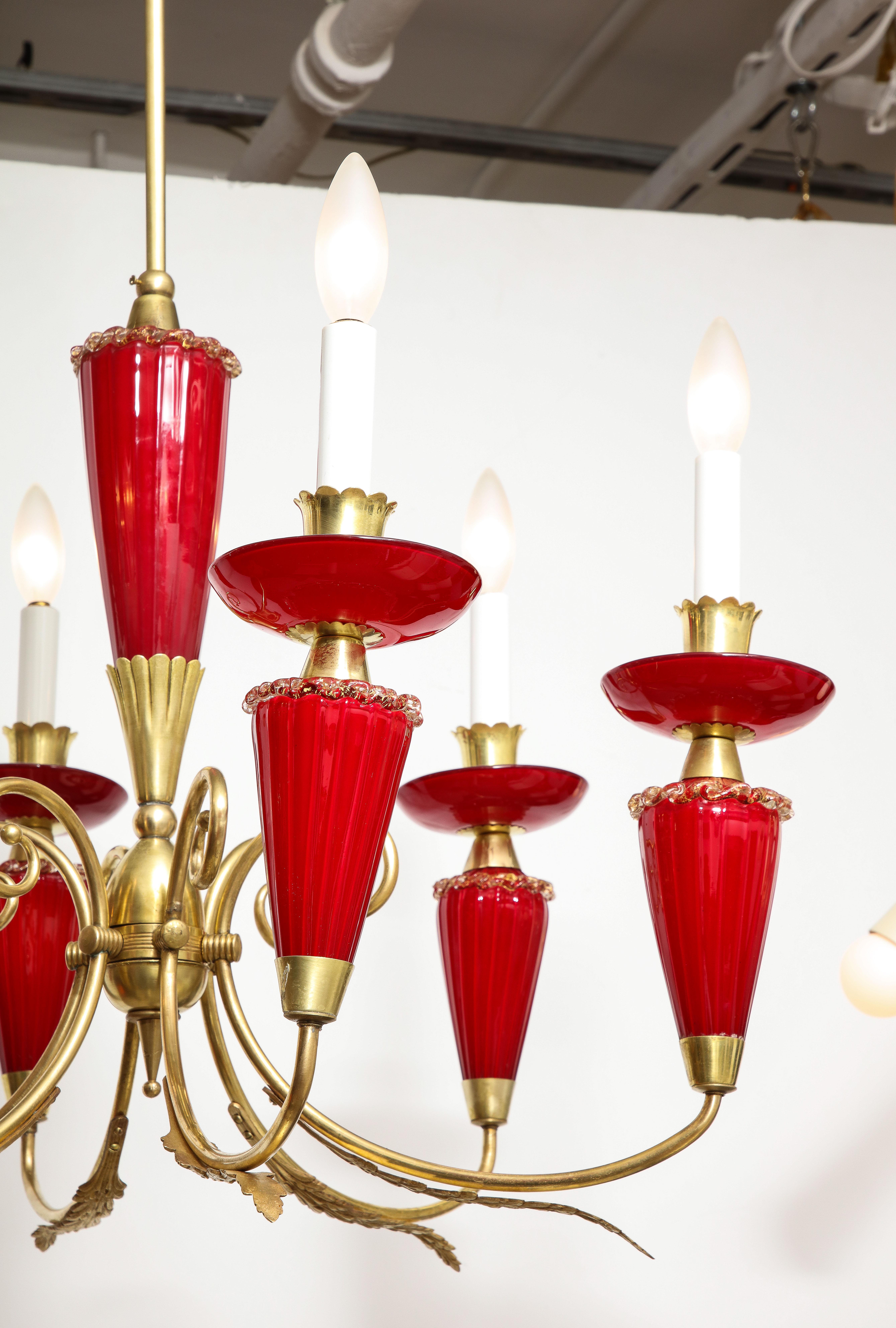 Murano Hand-Blown Italian Brass and Glass Chandelier, Italy, circa 1950 For Sale 3