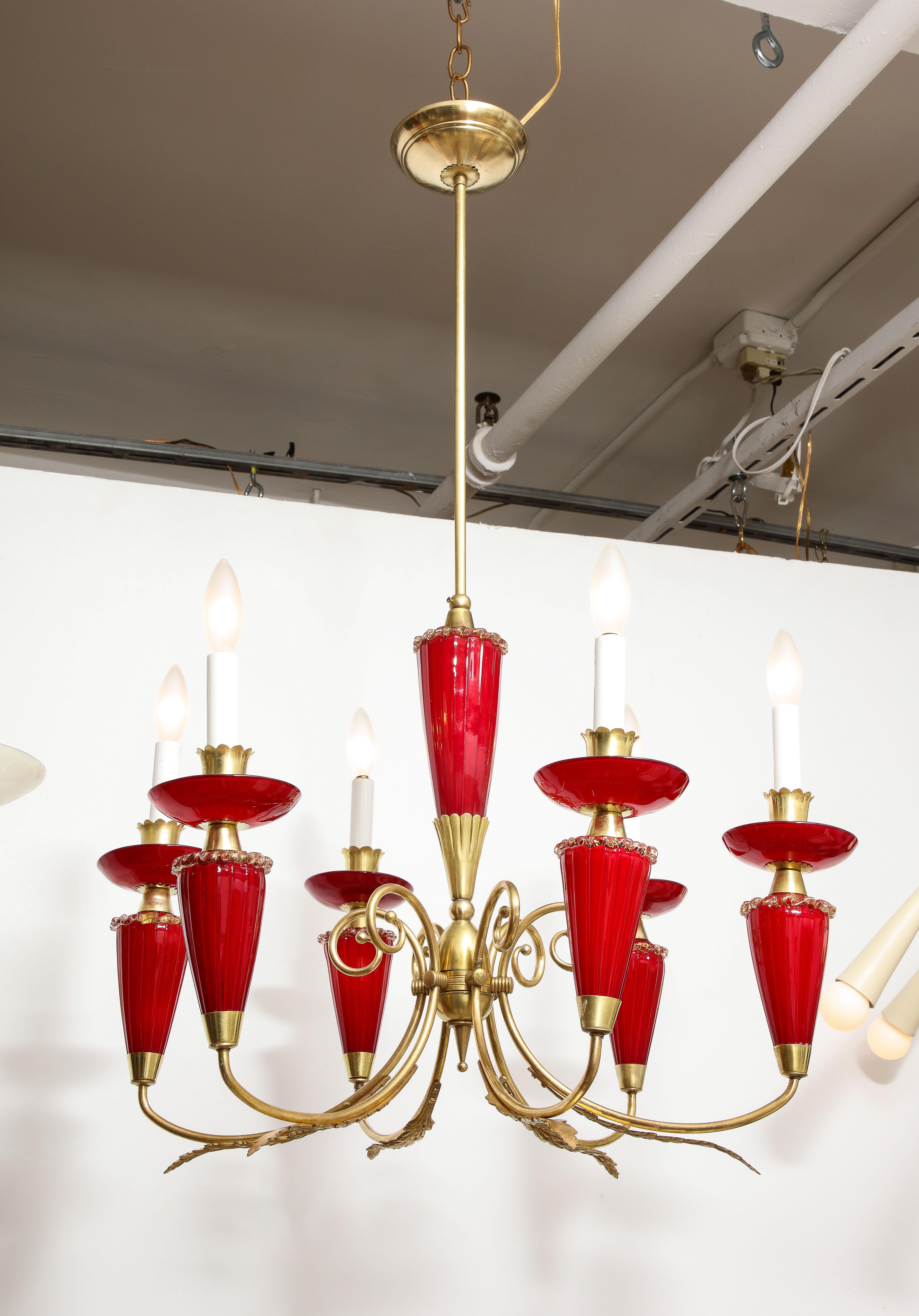Murano Hand-Blown Italian Brass and Glass Chandelier, Italy, circa 1950 For Sale 4
