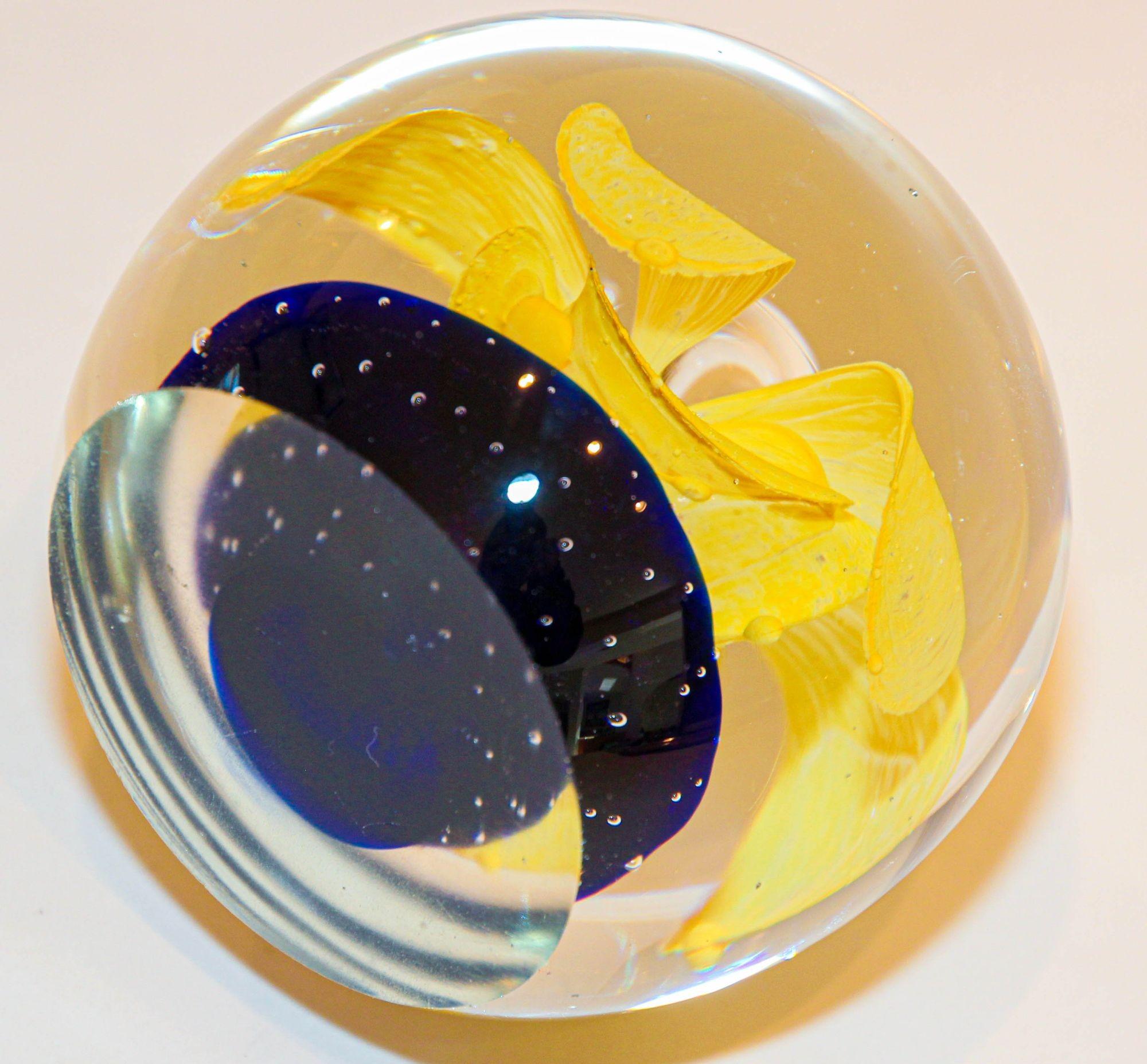 20th Century Murano Hand Blown Paperweight Yellow Flower with Blue Base Collectible Art Glass For Sale